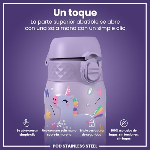 Thumbnail 2 de ion8 Botella Agua Inox Ligero para Niños 400 ml, Unicornio Púrpura – Sin Aislamiento y a prueba de fugas