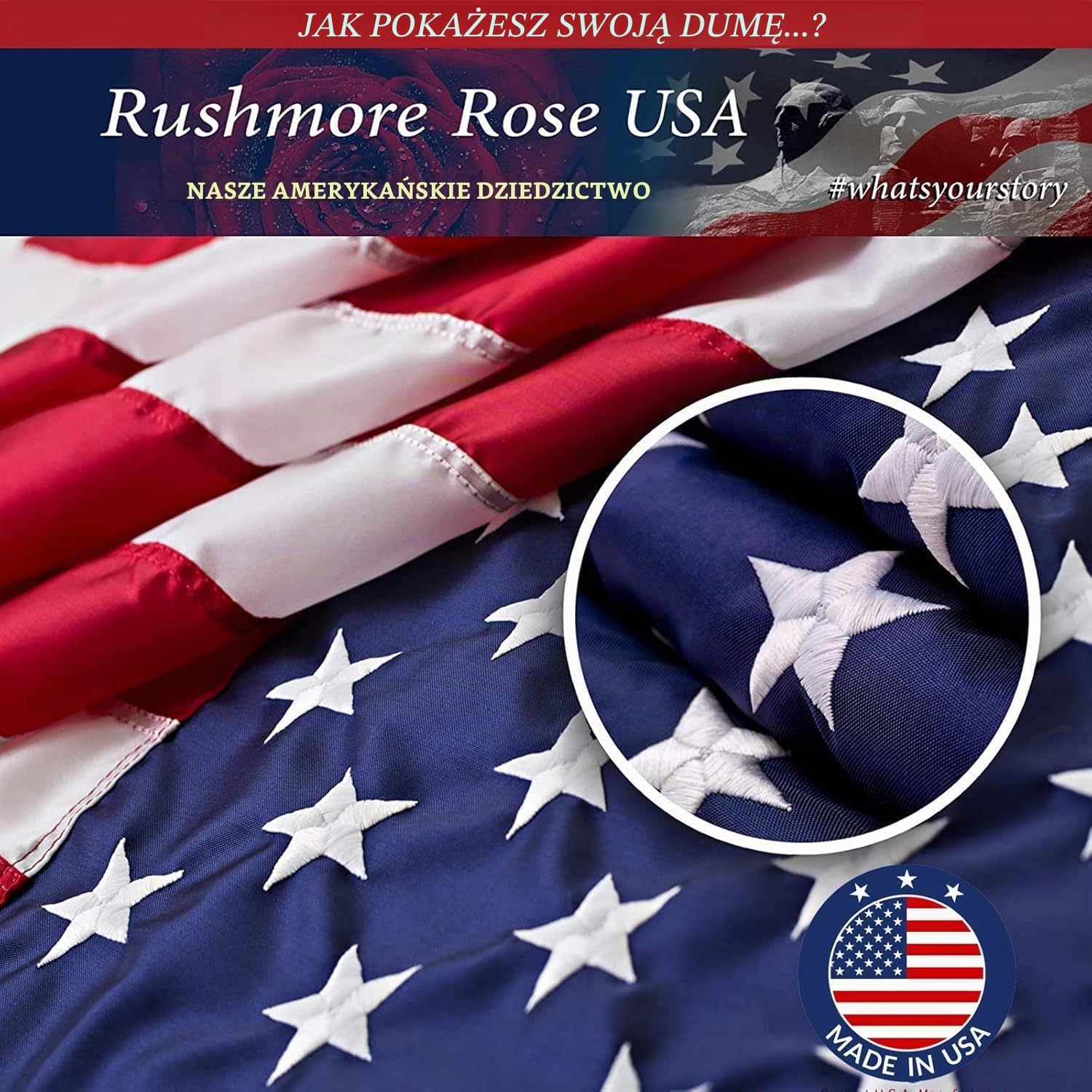 Detalle de Rushmore Rose USA flaga 3 × 5, haftowane gwiazdy i naszywane pasy