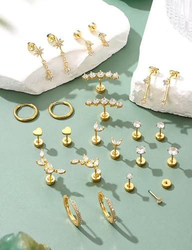 Thumbnail 5 de ADRAMATA Flat Back Stud Earrings for Women – Hypoallergenic 316L Steel with 18K Gold Plating (Hoop & Stud Set)
