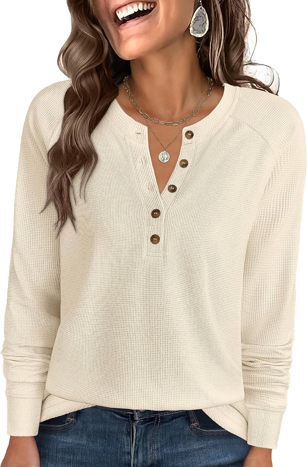 Detalle de ANRABESS Waffle Knit Henley Top 2026