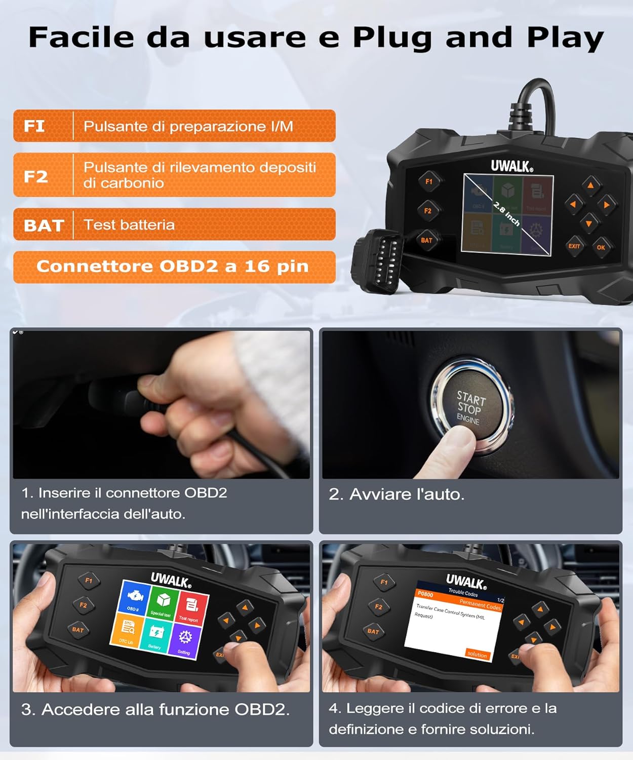 Detalle de Scanner OBD2 EOBD per diagnosi motore in italiano con funzioni avanzate e funzioni I/M, batteria e carbonio