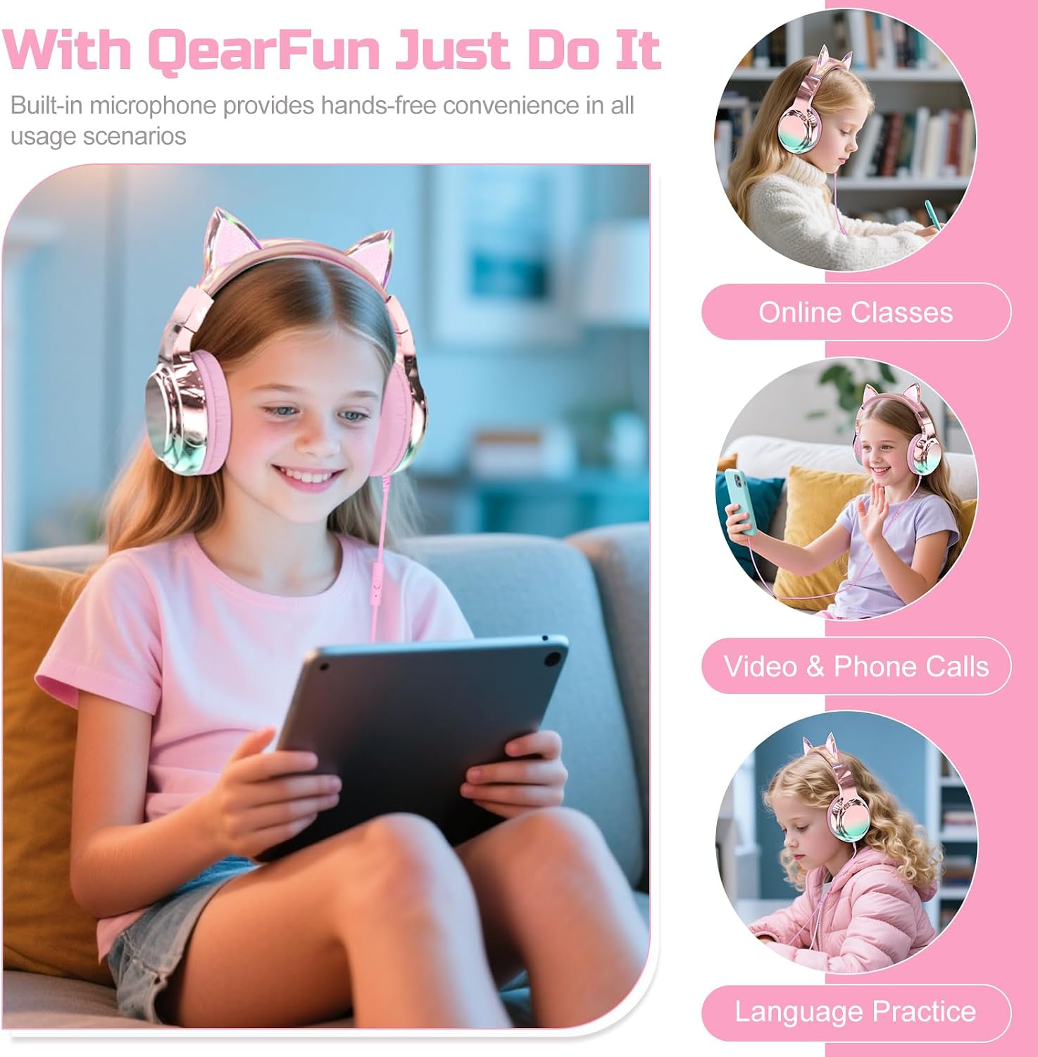 Detalle de Kids cat ear headphones with mic, 85dB
