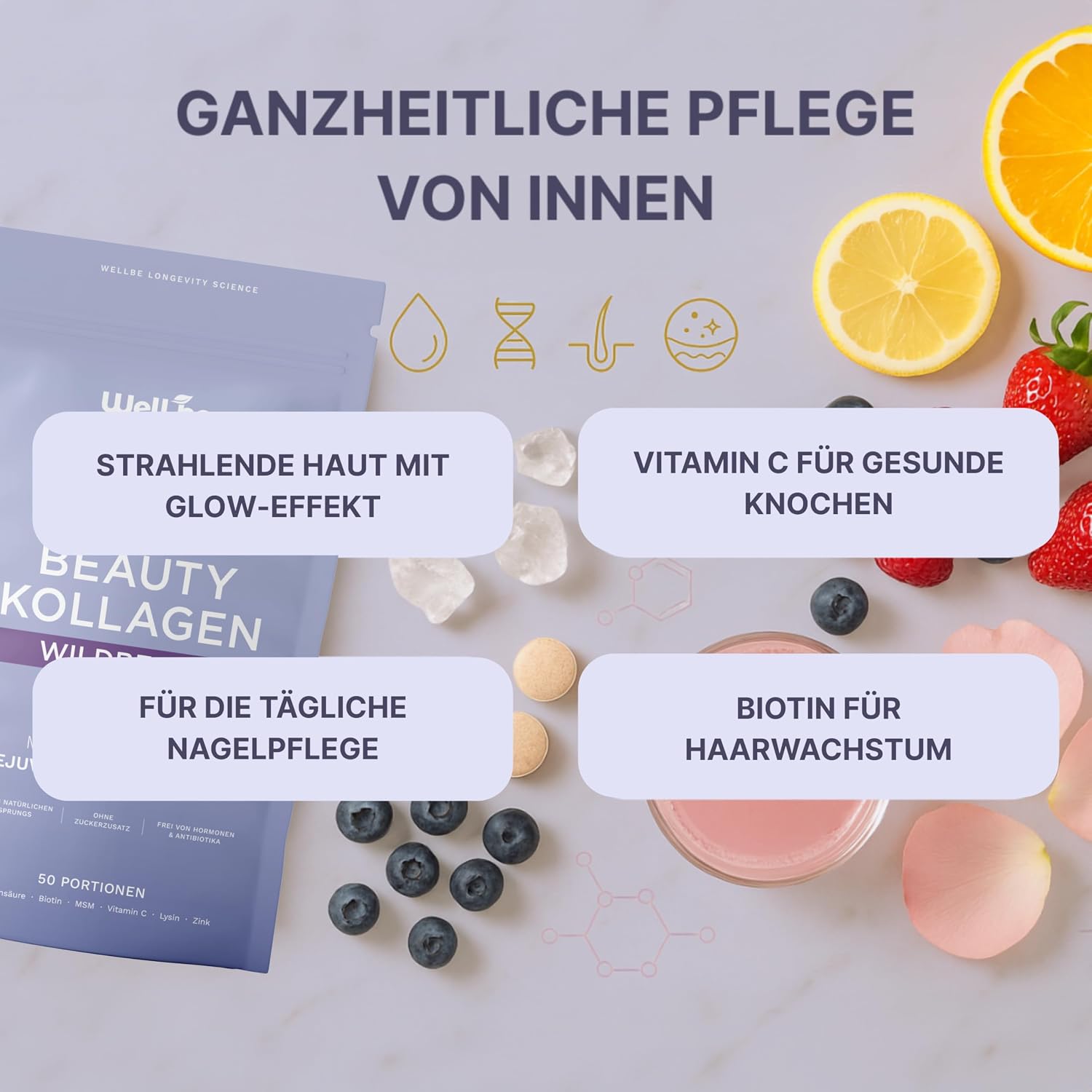 Thumbnail 3 de Wellbe Kollagen Pulver Wildberry – hochdosiert mit bioaktiven Kollagenpeptiden, Hyaluron und Vitaminen (Made in Germany)