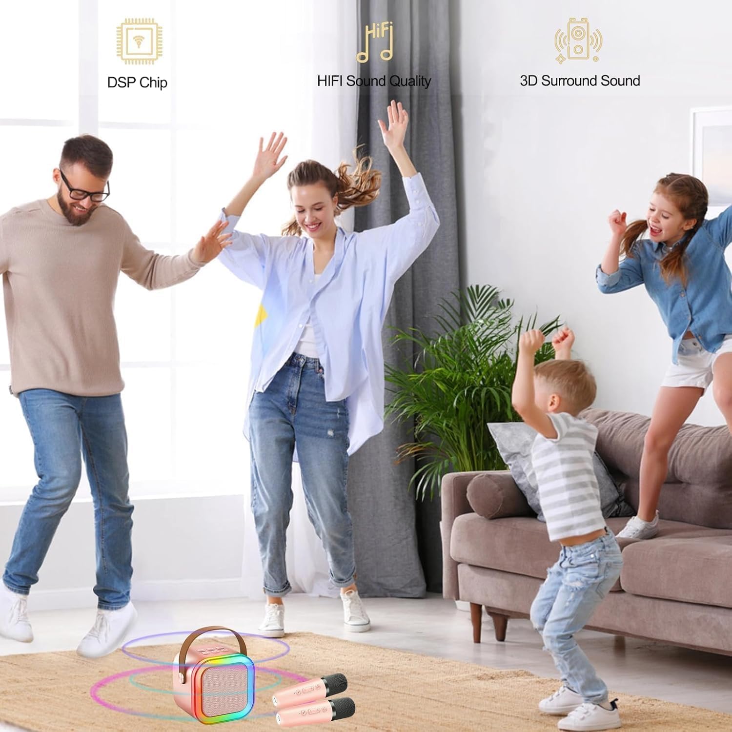 Detalle de Machine de karaoké portable Bluetooth avec 2 micros sans fil et effets vocaux LED pour enfants