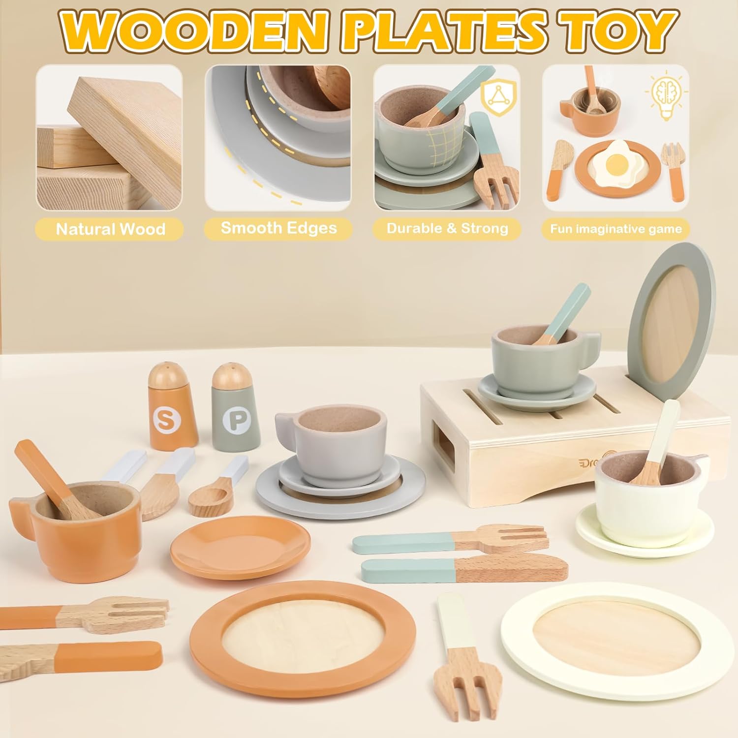 Thumbnail 2 de Dreamon Wooden Play Food Set (27 PCS) – Toddler tea set kitchen toy for pretend play