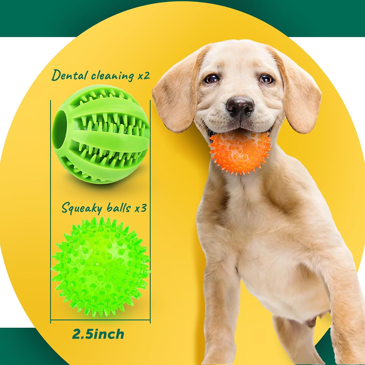 Detalle de PUPTILY DCB-007 Dog Toy Balls, 2.5-Inch Squeaky Natural Rubber, 5-Pack