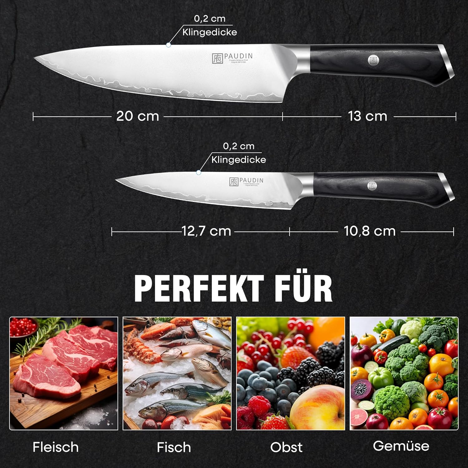 Thumbnail 5 de PAUDIN Messerset 2-teilig: Kochmesser 20 cm & Allzweckmesser 12,7 cm aus 10Cr15CoMoV (62 HRC) mit Holzgriff