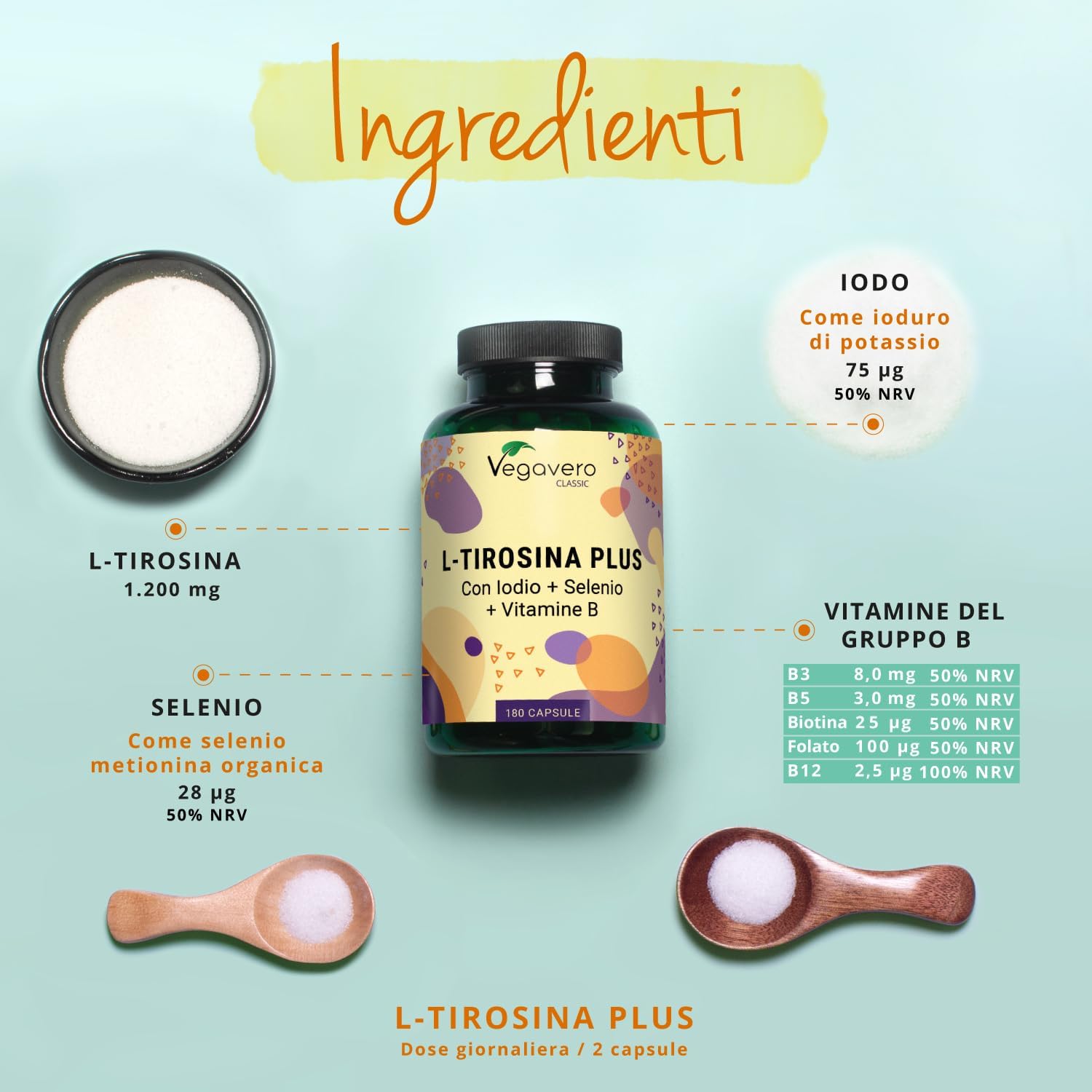 Thumbnail 2 de L-Tirosina Vegavero® 1200 mg con iodio, selenio e vitamine del gruppo B | 180 capsule vegane