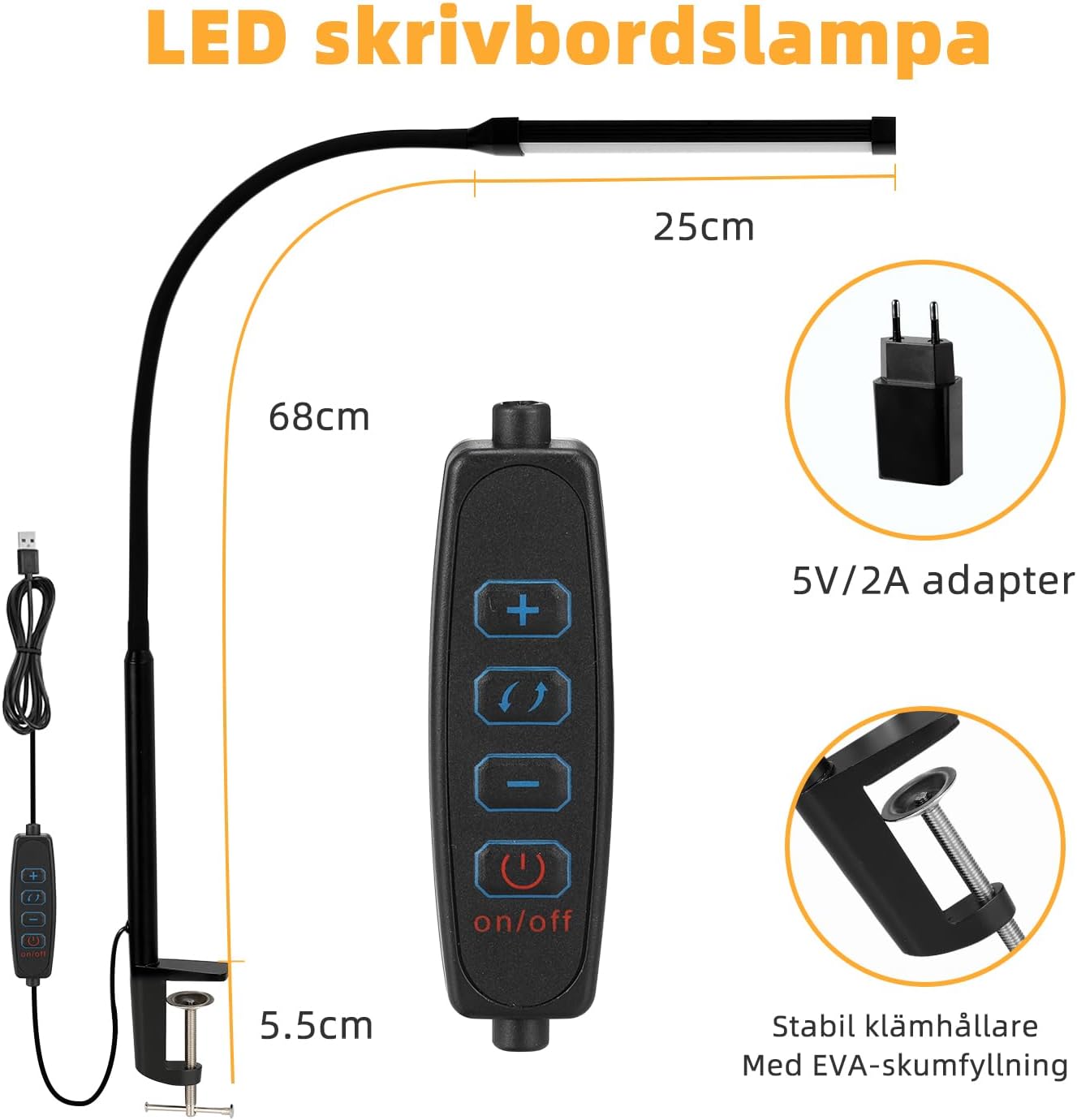 Detalle de LIBORA LED-skrivbordslampa med klämma, 10 ljusnivåer och USB-C