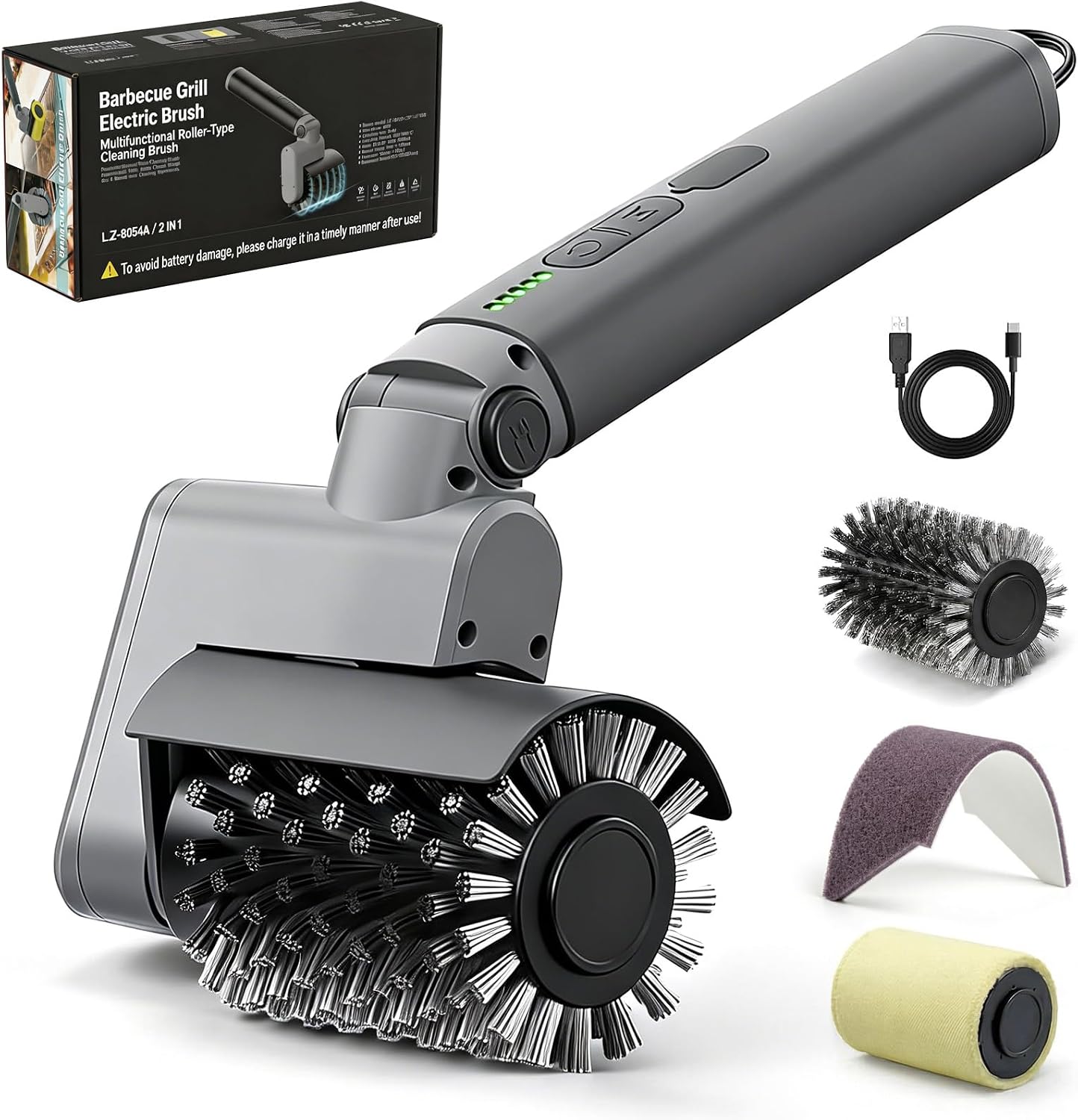 Detalle de Brosse électrique 3 en 1 pour barbecue sans fil QBBQAAQTT – Nettoyage facile, acier inoxydable et accessoires interchangeables
