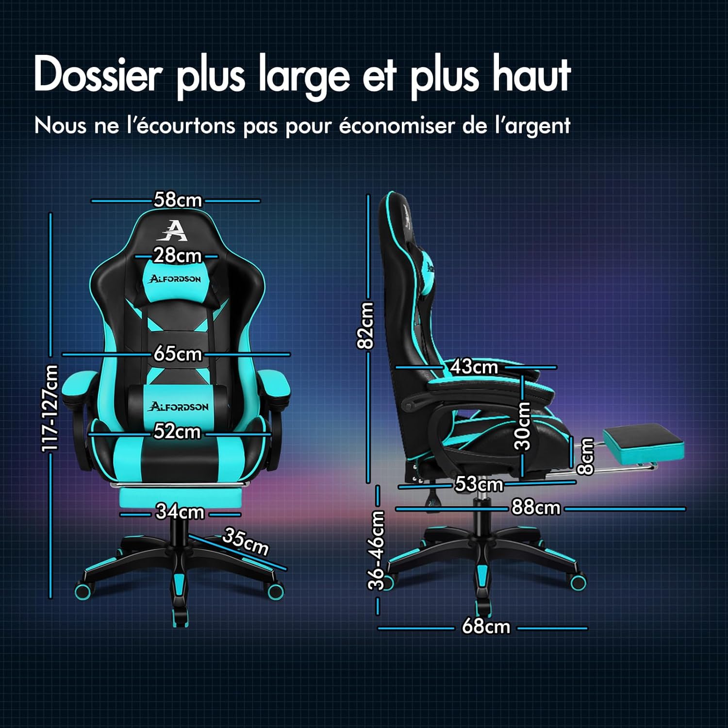 Detalle de ALFORDSON Chaise Gaming Xavier — Chaise ergonomique avec massage lombaire, repose-pieds et dossier inclinable