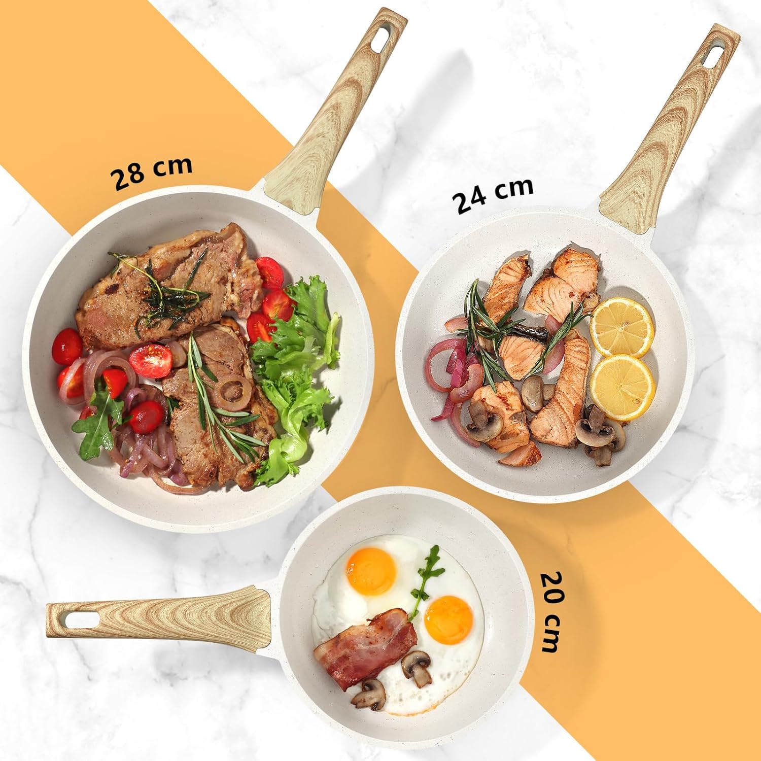 Detalle de GiPP Nonstick Skillet Frying Pan Set – White Granite, 20+24+28 cm