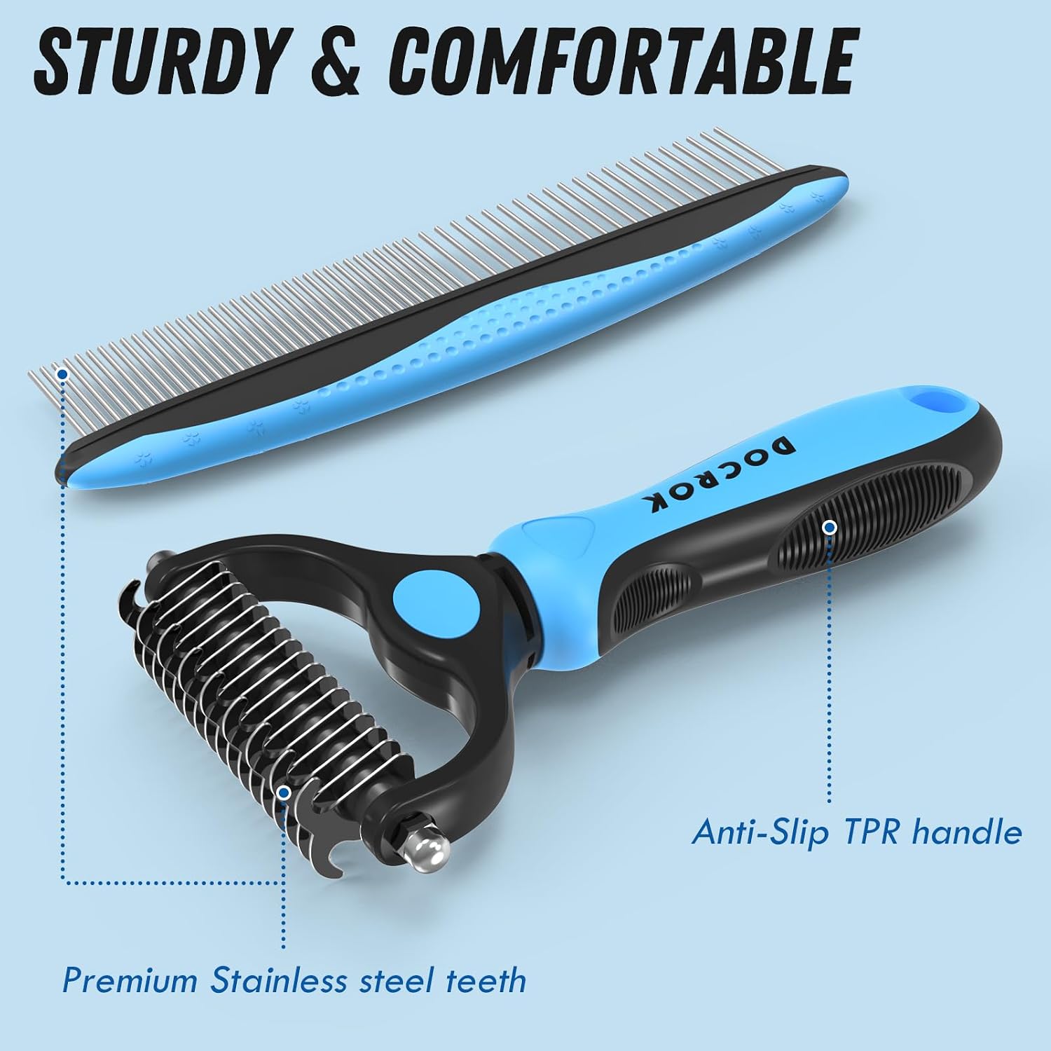Thumbnail 5 de Docrok Pet Grooming Combo (Blue) Double-Sided Deshedding Brush + Metal Detangling Comb