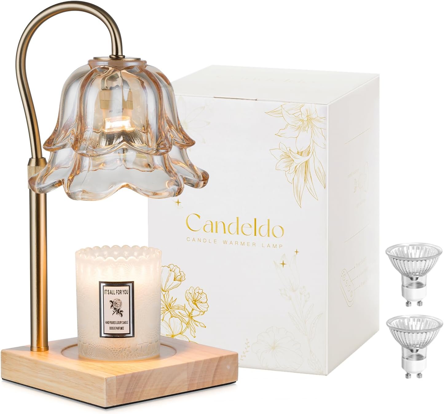 Detalle de Candeldo Candle Warmer Lamp with Timer, Gold Flower Glass Shade, Dimmable