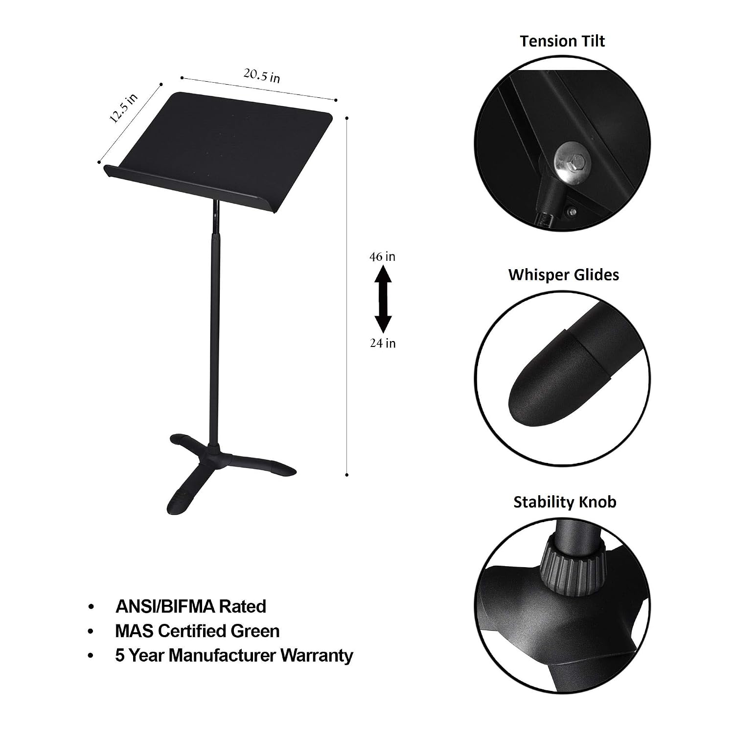 Detalle de OEF Furnishings OEF82MS Adjustable Metal Music Stand, Black Aluminum Tray