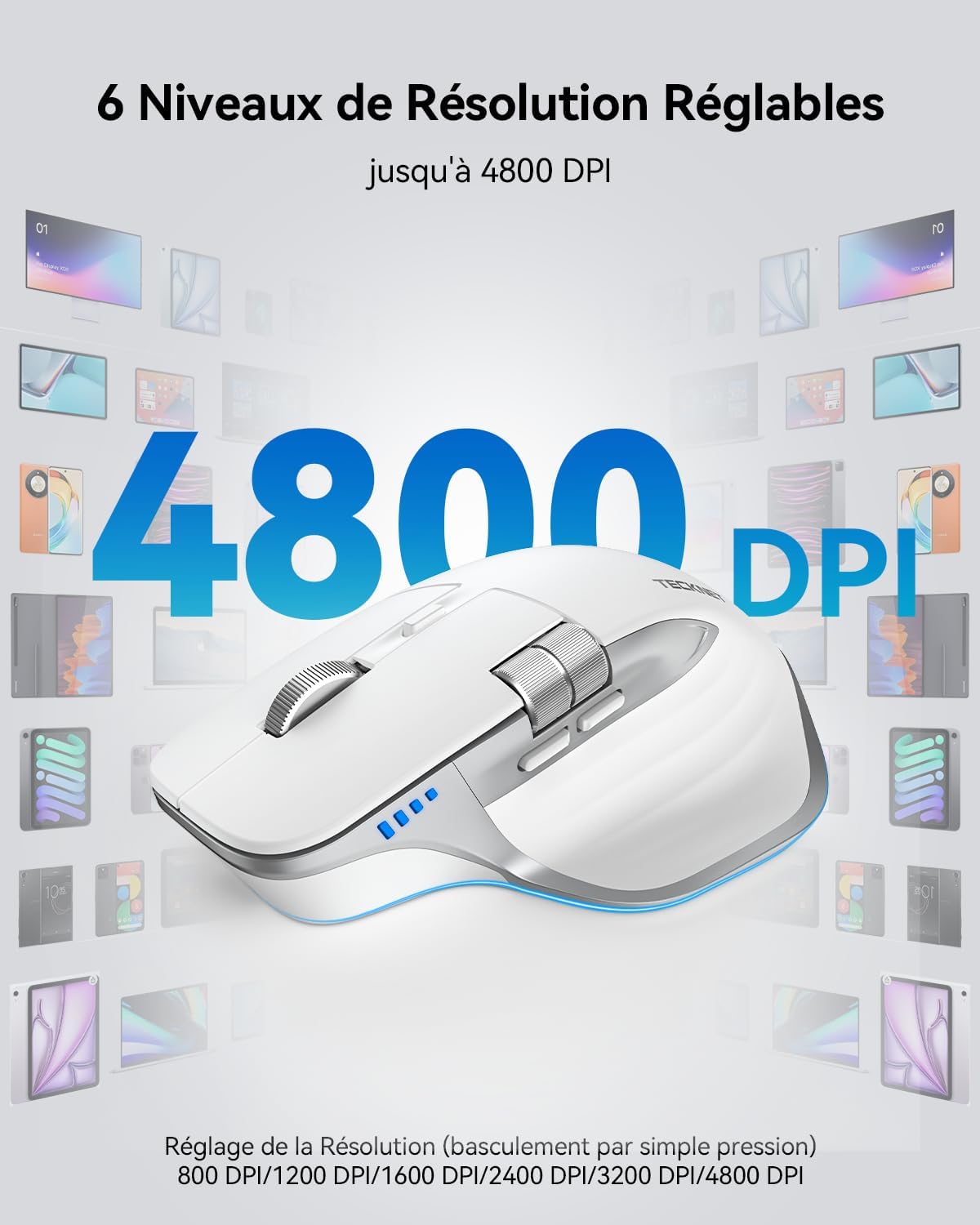 Detalle de TECKNET Souris Bluetooth Ergonomique 3 modes : 4800 DPI, silencieuse et rechargeable