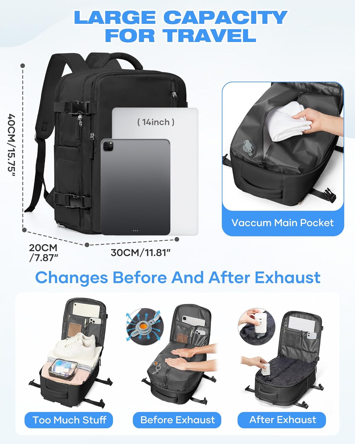 Detalle de SZLX Zaino da viaggio sottovuoto 40x30x20 con pompa, zaino cabina 40x20x25 per Ryanair e organizer per laptop 14