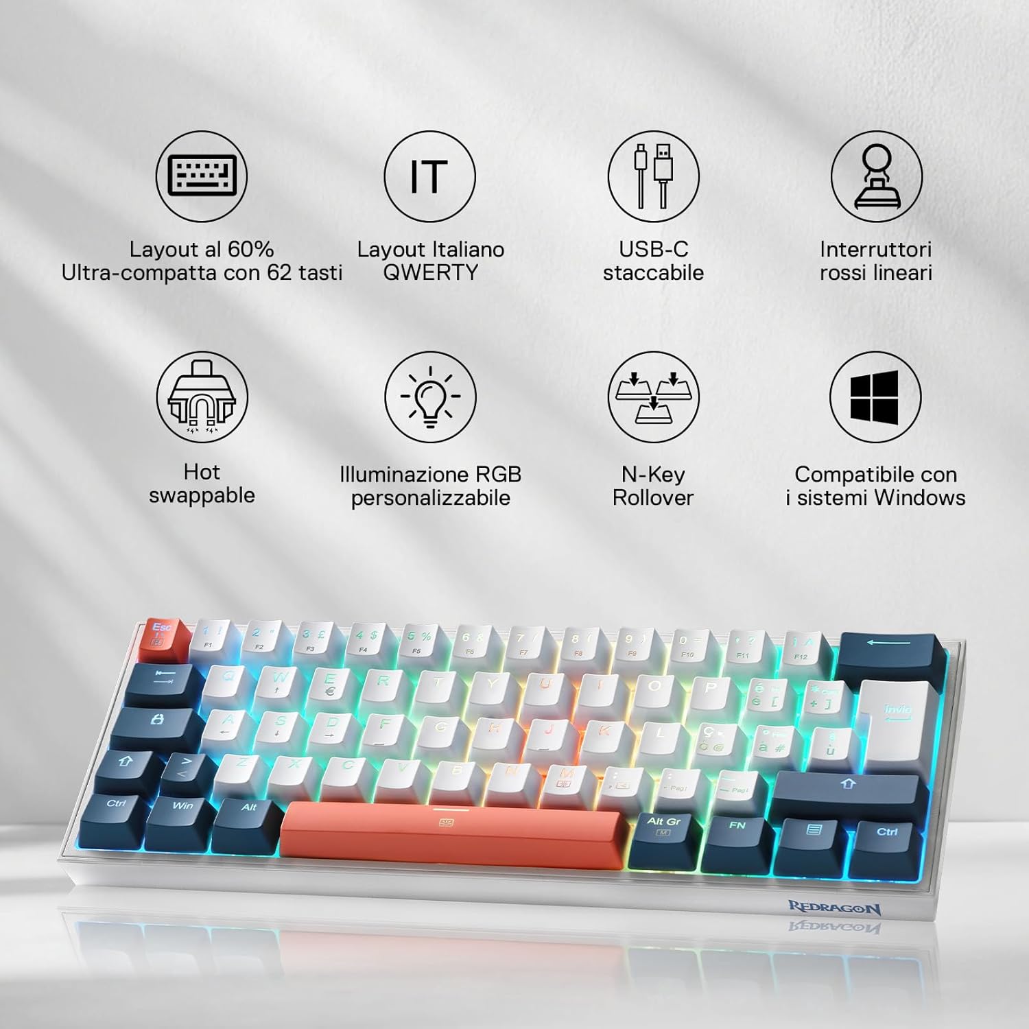 Thumbnail 1 de Redragon K617 Fizz 60% Wired RGB: tastiera compatta con switch rossi hot-swap e design italiano