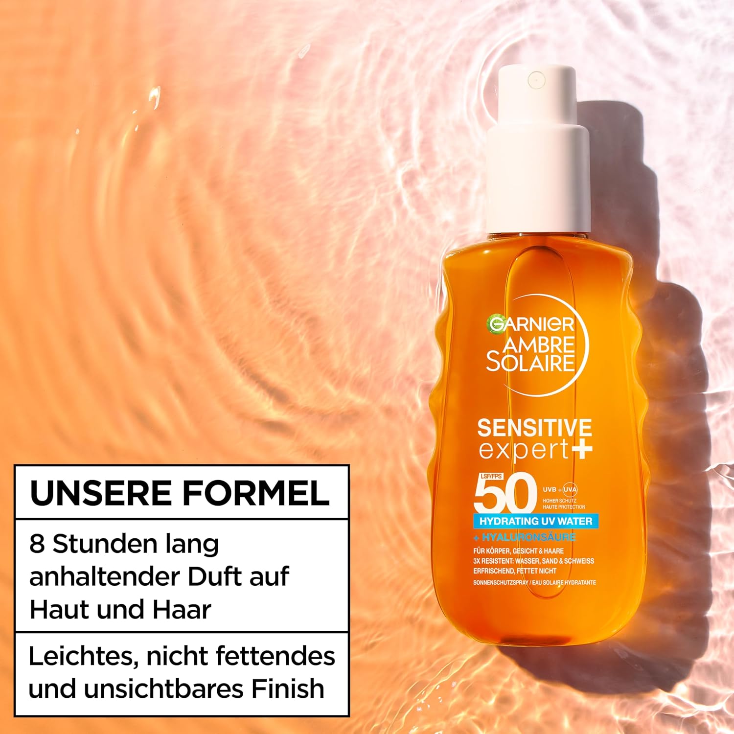 Detalle de Garnier Ambre Solaire Sensitive Expert + Hydrating UV Water Spray SPF 50 – Wasserfest, sandresistent, nicht fettend – 150 ml