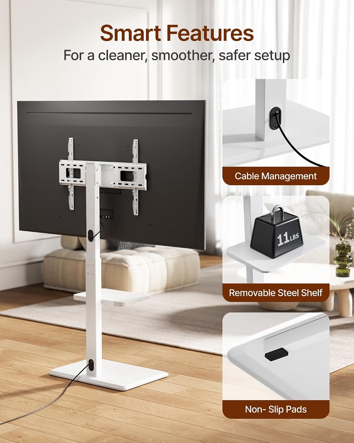Thumbnail 3 de ECOTINY Steel Base Floor TV Stand for 32-75 inch TVs up to 110 lbs with Leveling, Tilt, and Swivel
