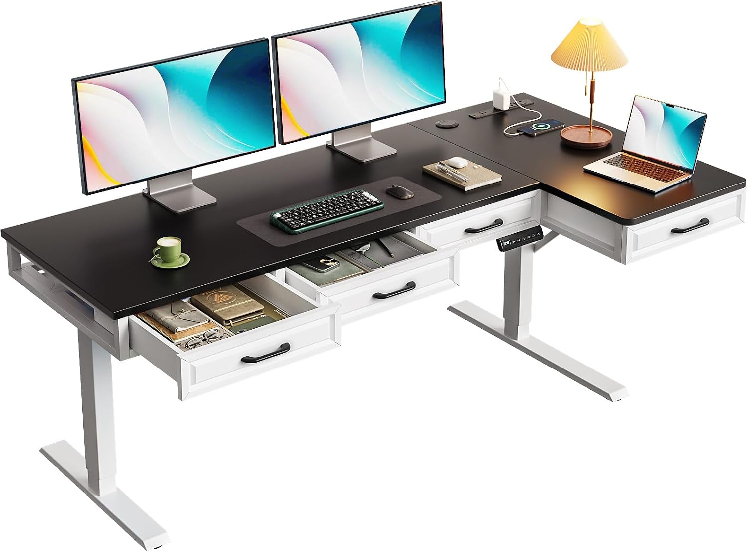 OffiGo 63-Inch L-Shaped Electric Standing Desk with 4 Drawers, White and Black