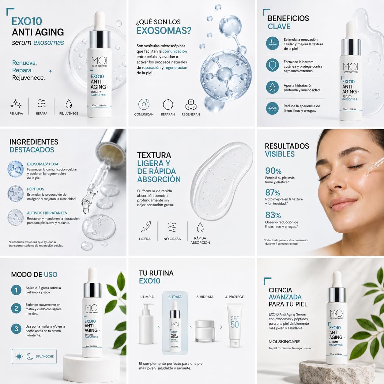 Detalle de Siero antietà con esosomi 10% Luminosità e Rinnovamento MOI Skincare (30 ml)