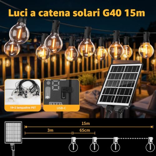 Detalle 2 de Hoteril Catena Luminosa Esterno Solare 15m 19+2 G40 IRIP 2200K – LED da Giardino con 8 Modalità, IP65 e USB Ricaricabile