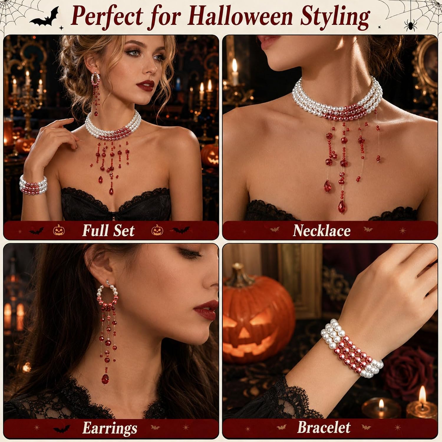 Thumbnail 6 de Cuxawamiyo collar gótico de perlas con pulsera, pendientes y gotas rojas