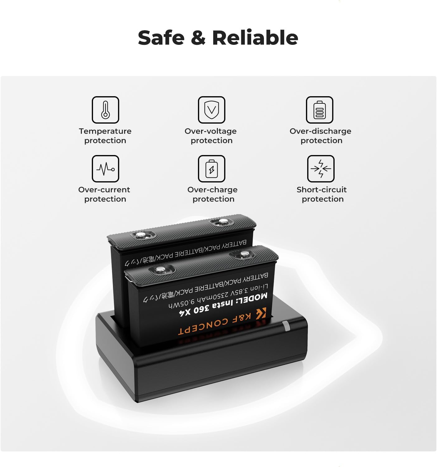 Detalle de K&F CONCEPT 2er-Pack Akku 2350mAh + Dual Slot LED Ladegerät für X4 Panorama-Sportkamera