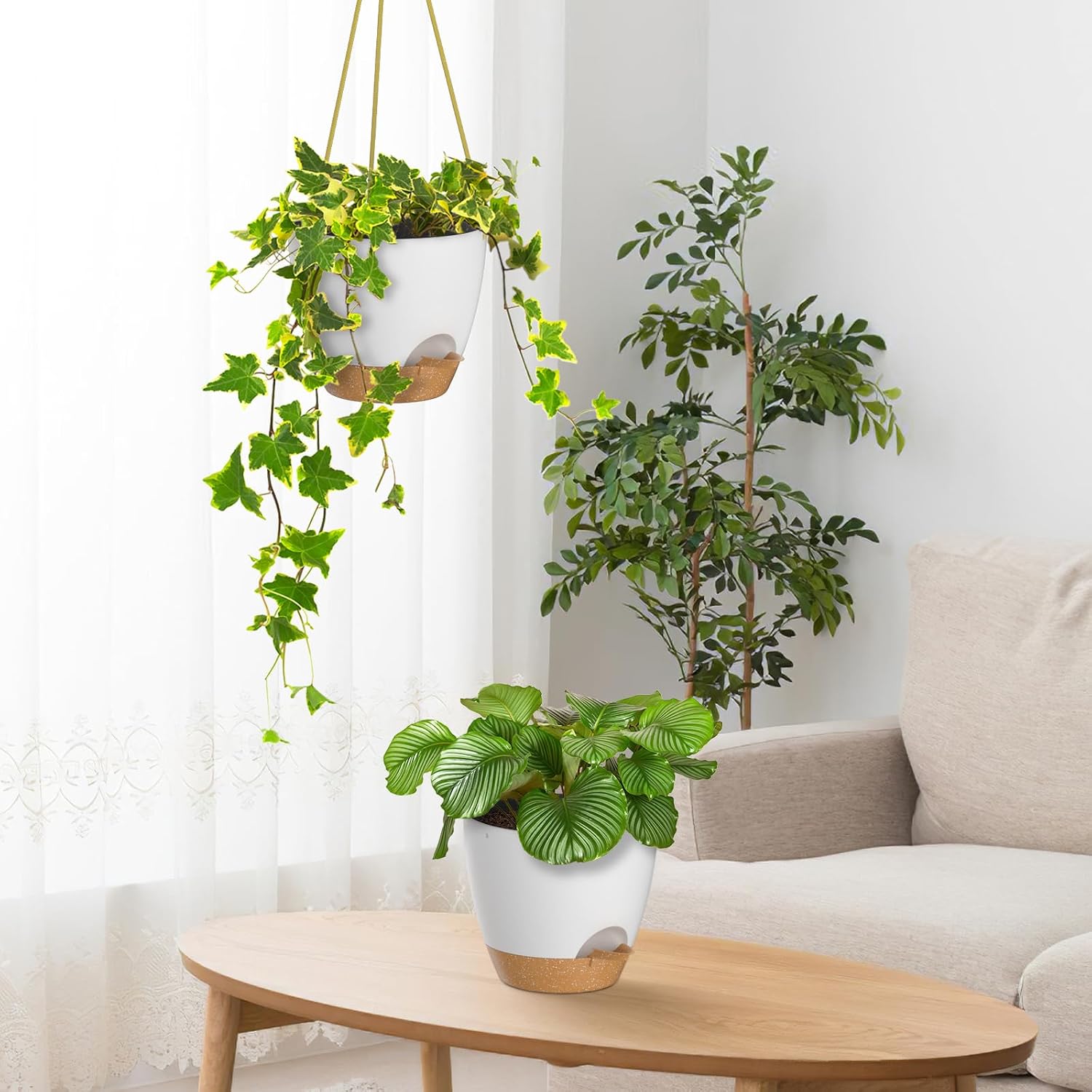 Detalle 1 de ZMTECH 8-Inch Hanging Planters, 2-Pack with Self-Watering Reservoirs, White