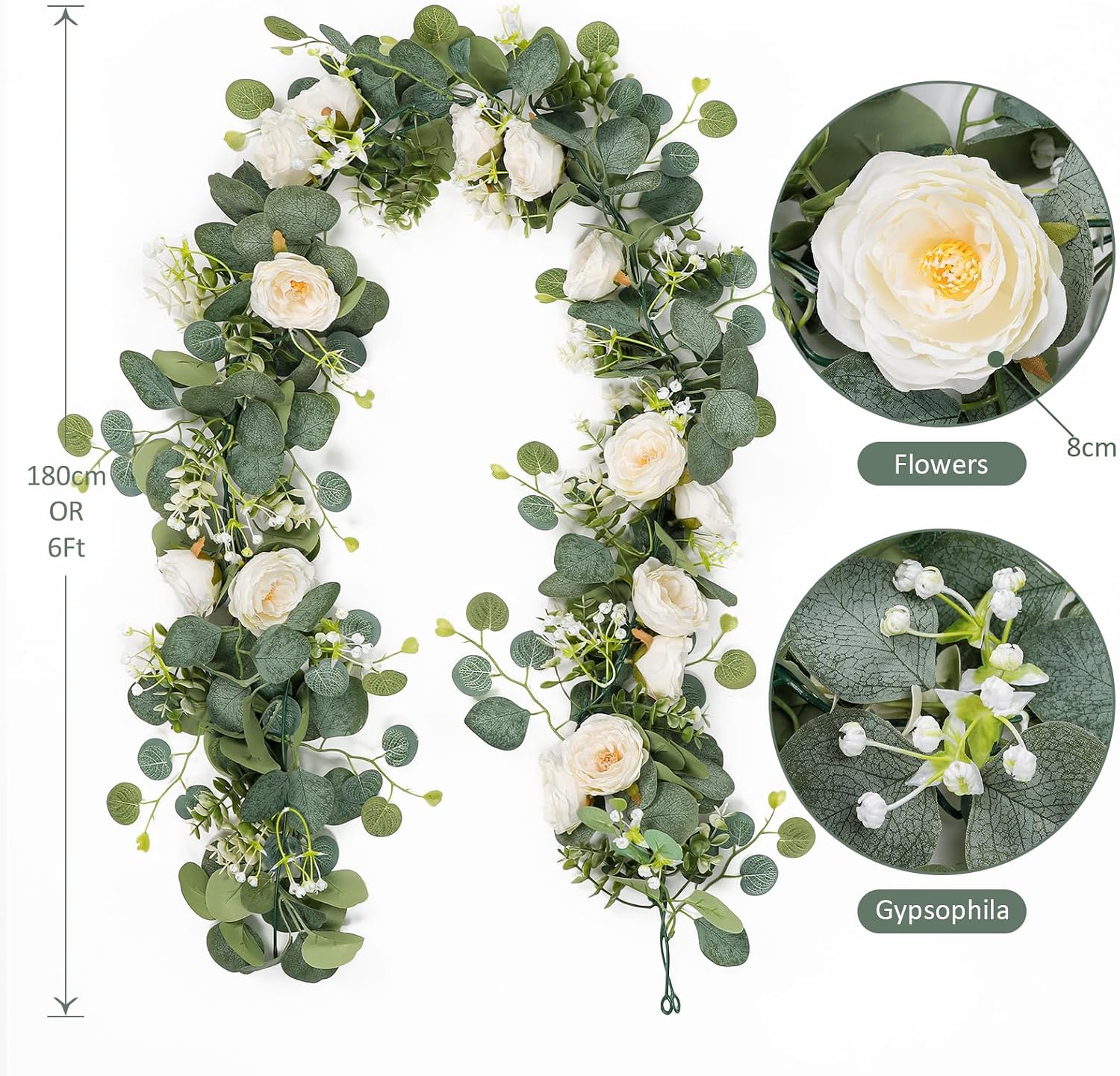 Detalle de TOCHGREEN 144 Artificial Eucalyptus Garland, 2-Pack with White Roses, 13 ft