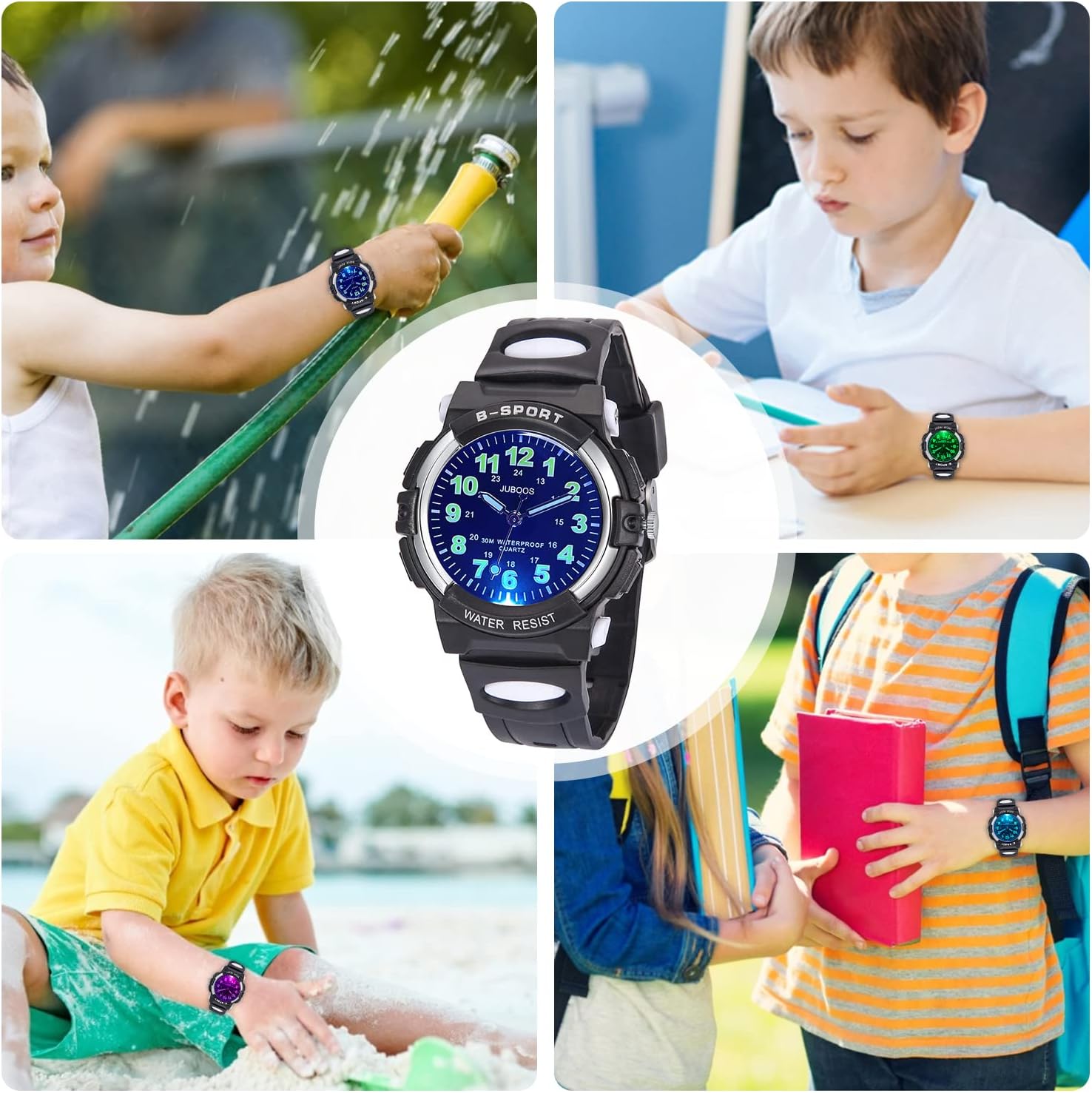 Detalle de Juboos Neue 7-Farbige Kinderuhr – Analoge Quarz-Uhr für Jungen & Mädchen, 30 m wasserdicht, mit weichem Armband