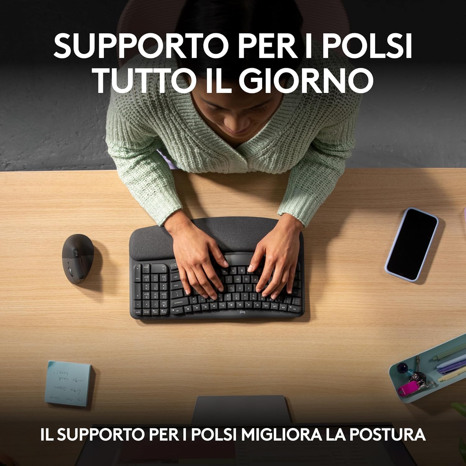 Thumbnail 3 de Logitech Wave Keys: tastiera wireless ergonomica con supporto polsi imbottito e Easy-Switch