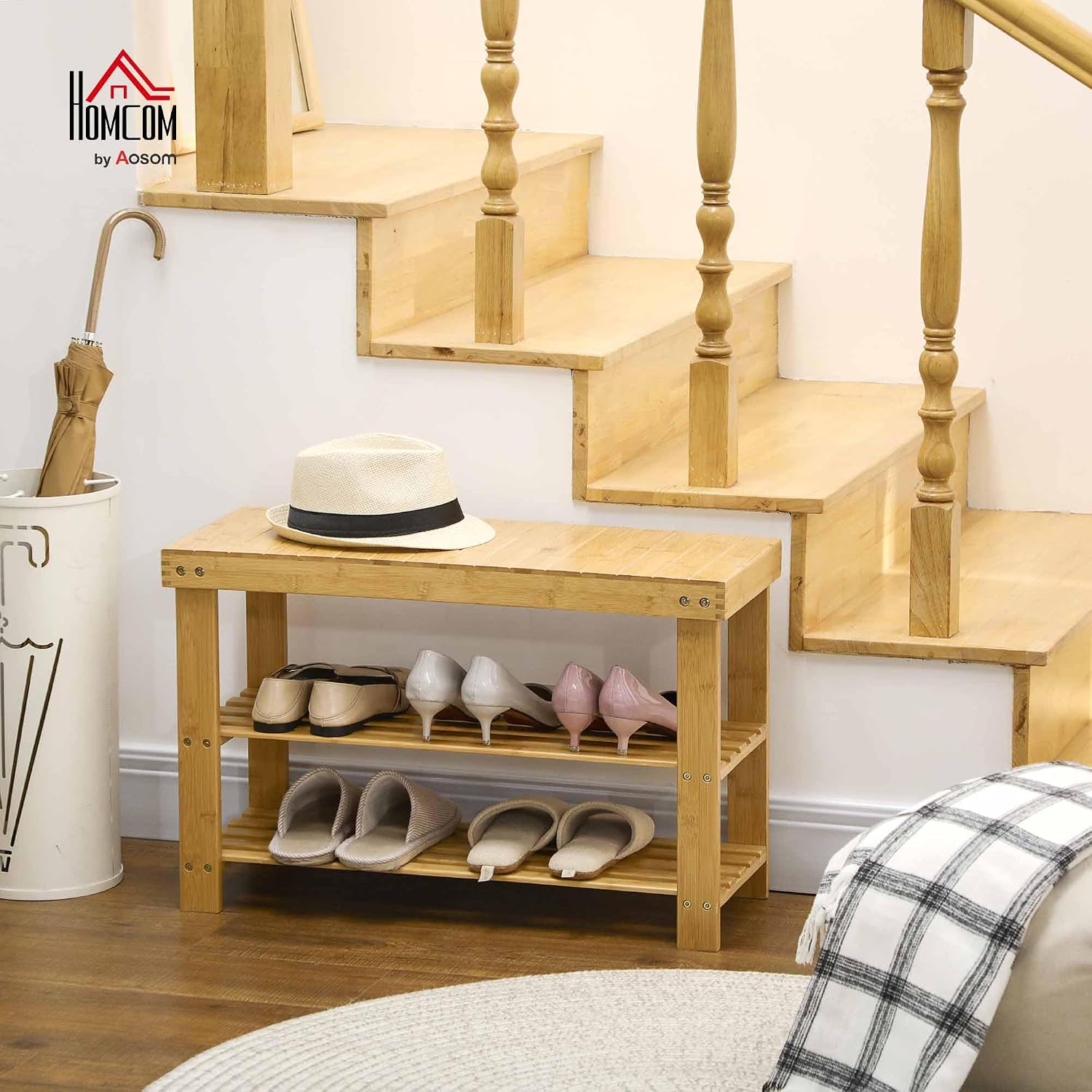 Thumbnail 1 de Banc à chaussures HOMCOM en bambou 3 niveaux — design scandinave, blanc, 70 × 28 × 45 cm