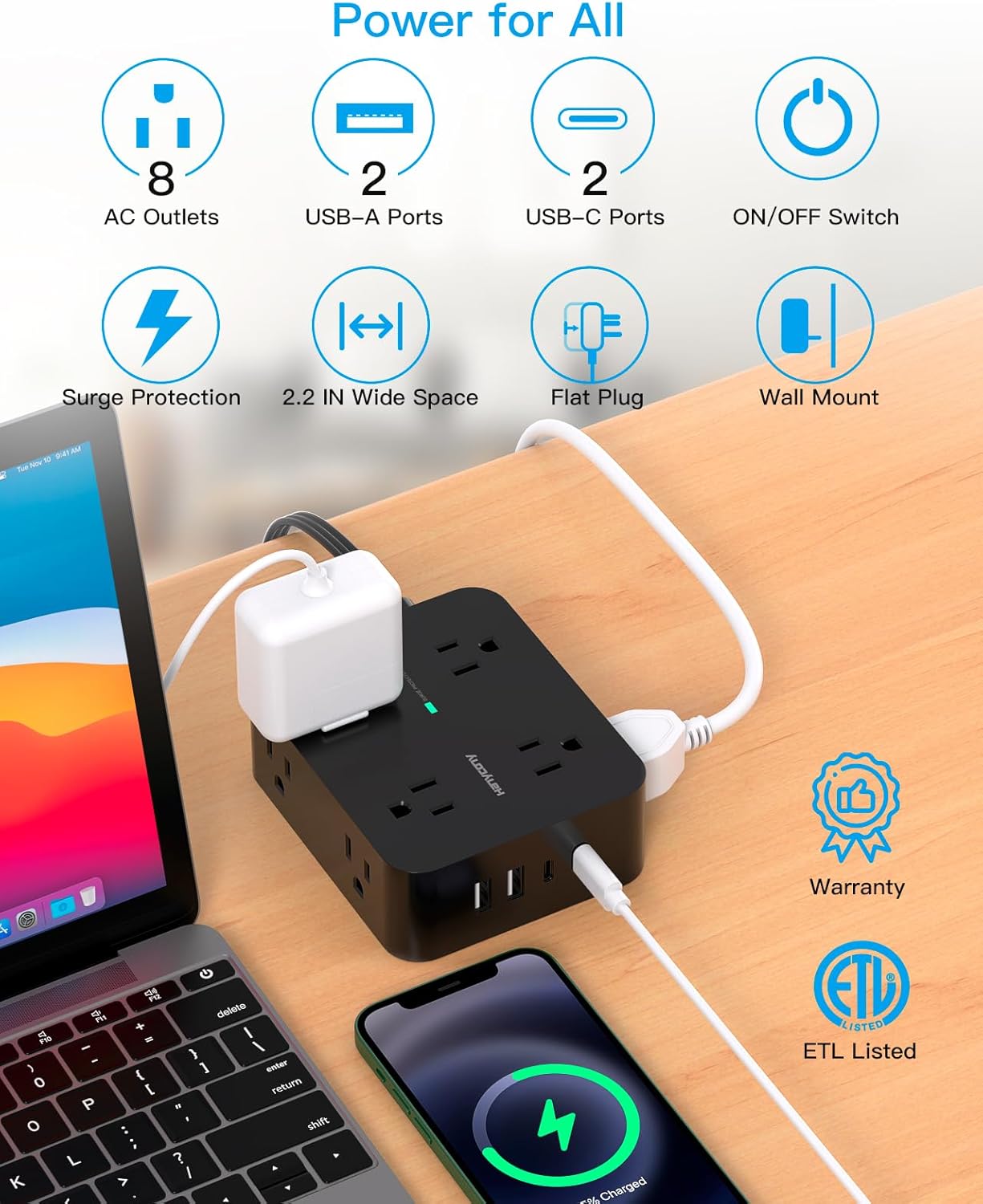 Detalle de HANYCONY 5Ft Surge Protector with 8 Outlets ๐