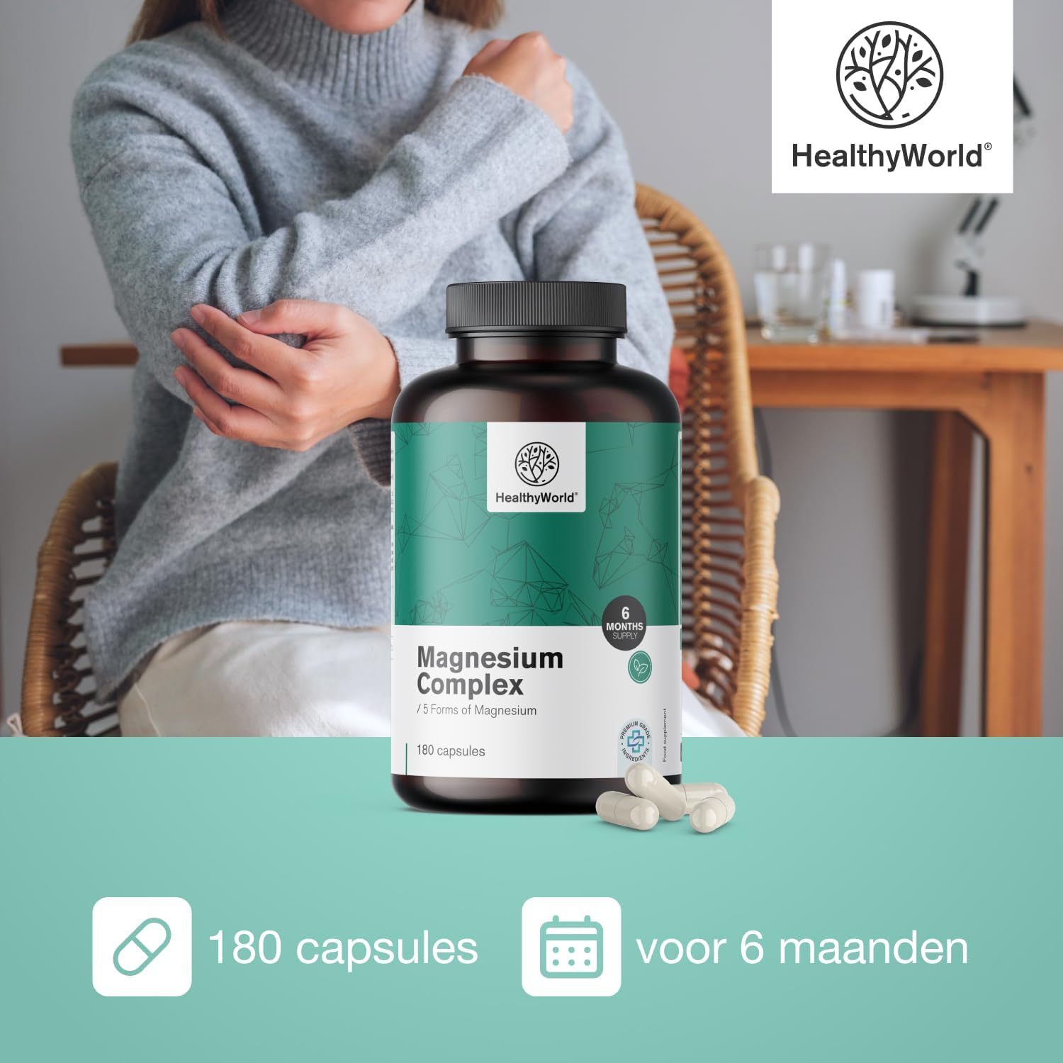 Thumbnail 3 de HealthyWorld Magnesium Complex, 180 plantaardige capsules met 5 magnesiumvormen