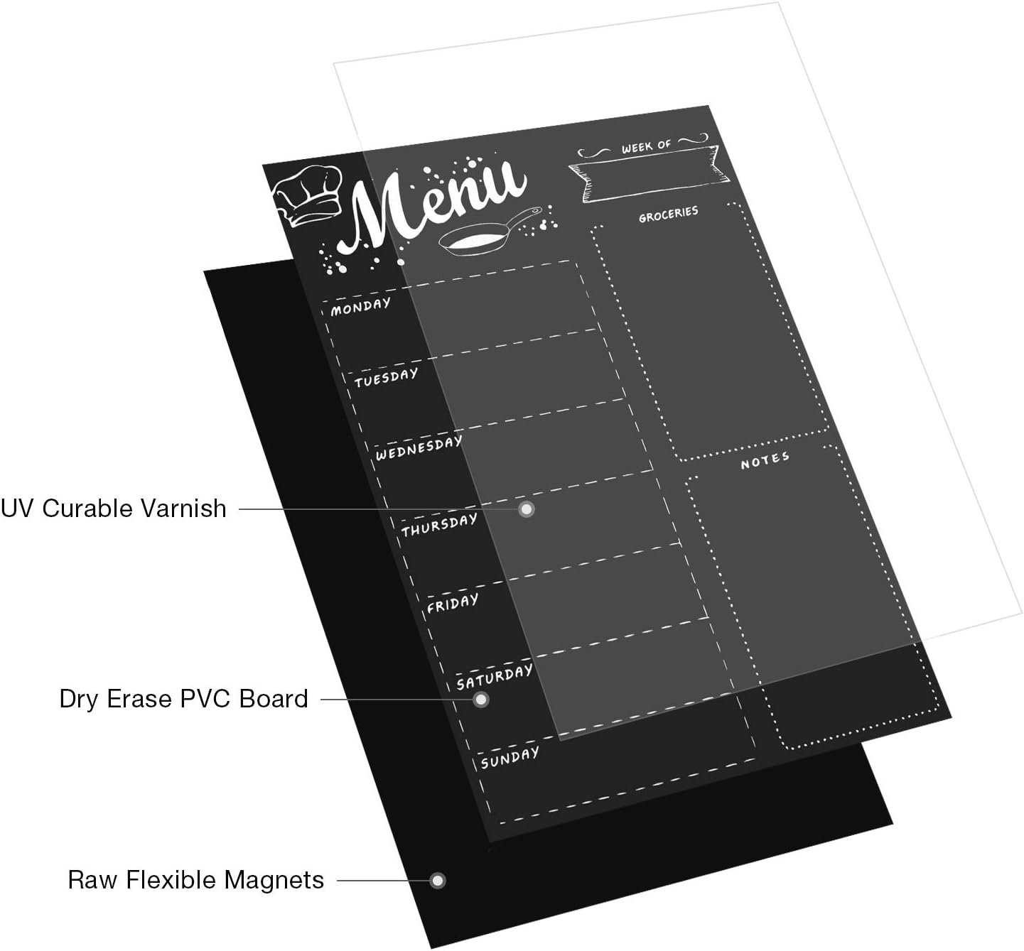 Detalle 1 de MoKo P6492 Magnetic Weekly Meal Planner, 16 × 12 in, Black, 8 Markers