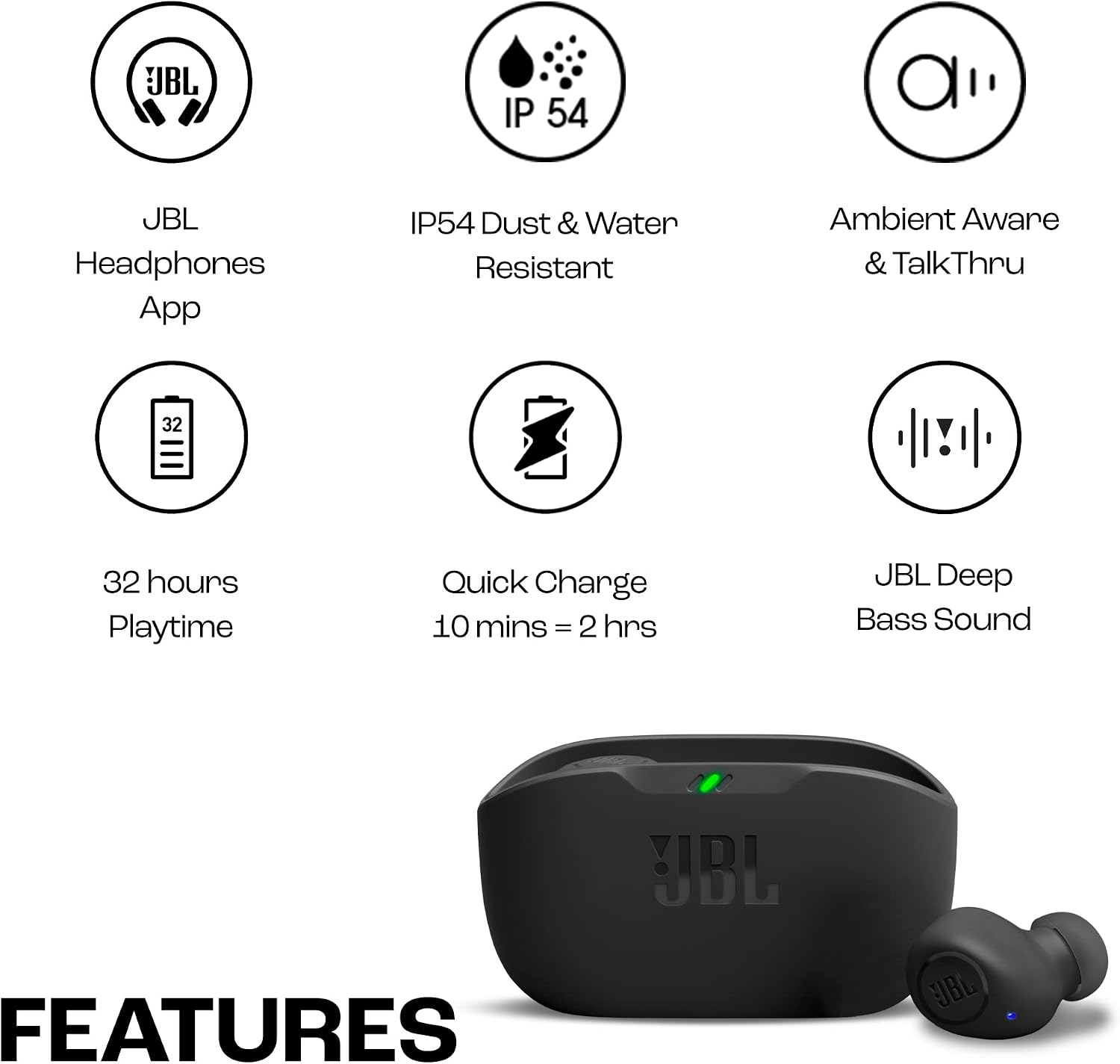 Detalle 2 de JBL Wave Buds: auriculares In-Ear inalámbricos con Deep Bass, IP54/IPX2 y 32 horas de batería