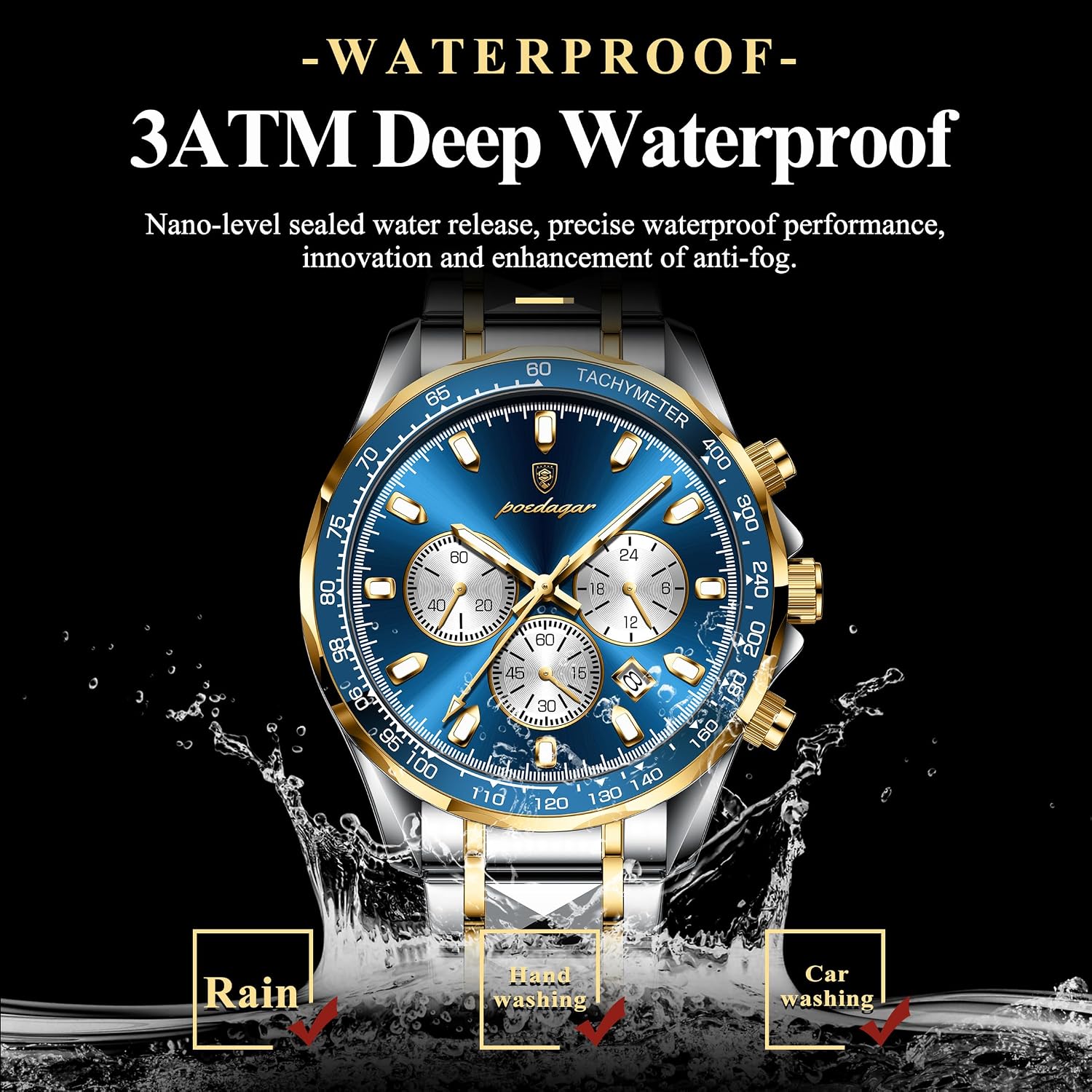 Detalle de Poedagar orologio sportivo da uomo in acciaio inox, cronografo quadrante luminoso, impermeabile 30m