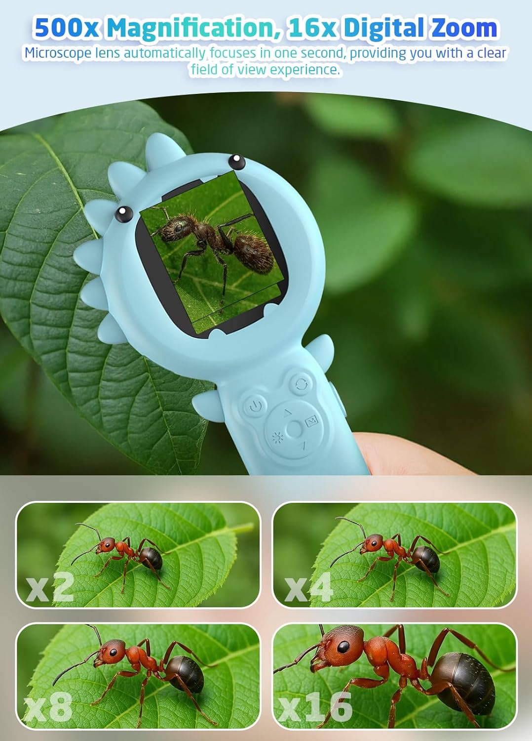 Detalle de PHNIXGAM Kinder-Mikroskop (Mini Handheld) mit 2-Zoll-IPS-Display, 1080P & 500-facher Vergrößerung für Kinder ab 3 Jahren (Blau)
