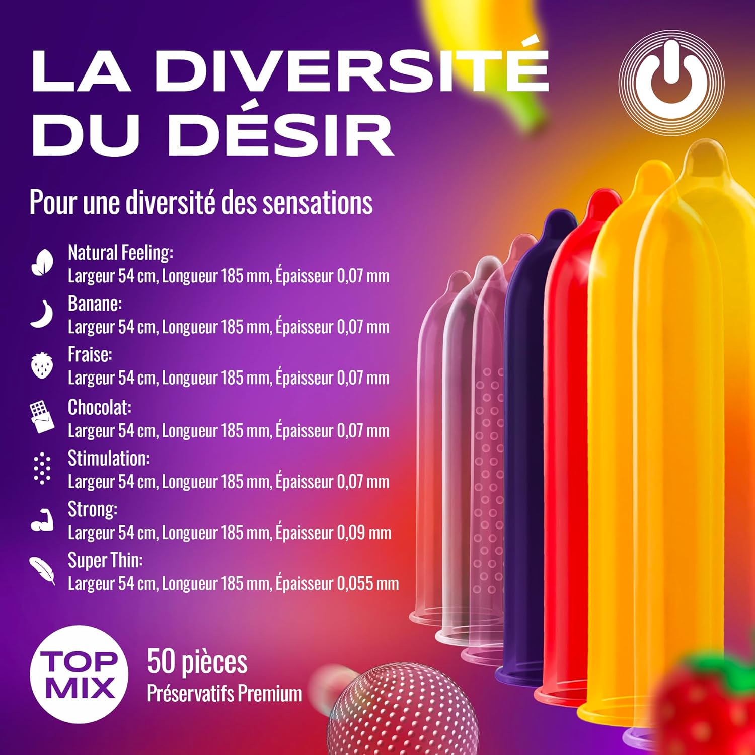 Thumbnail 2 de Lot de 50 préservatifs, 7 variétés, 54 mm ⚙