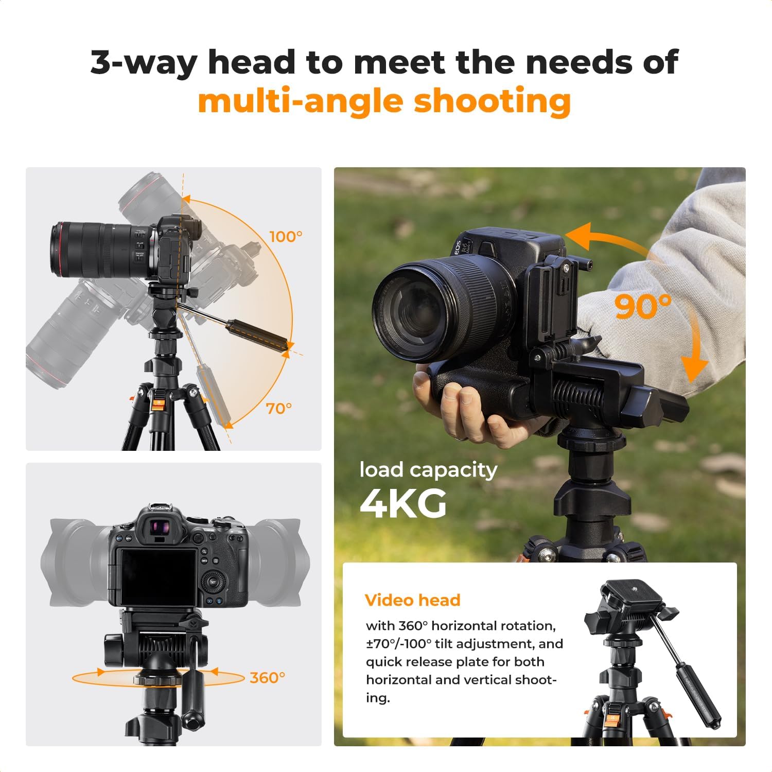Thumbnail 3 de K&F CONCEPT 77" (196cm) Video Tripod with 3-Way Pan/Tilt Head, Quick Release Plate & Phone Holder (load up to 4kg)