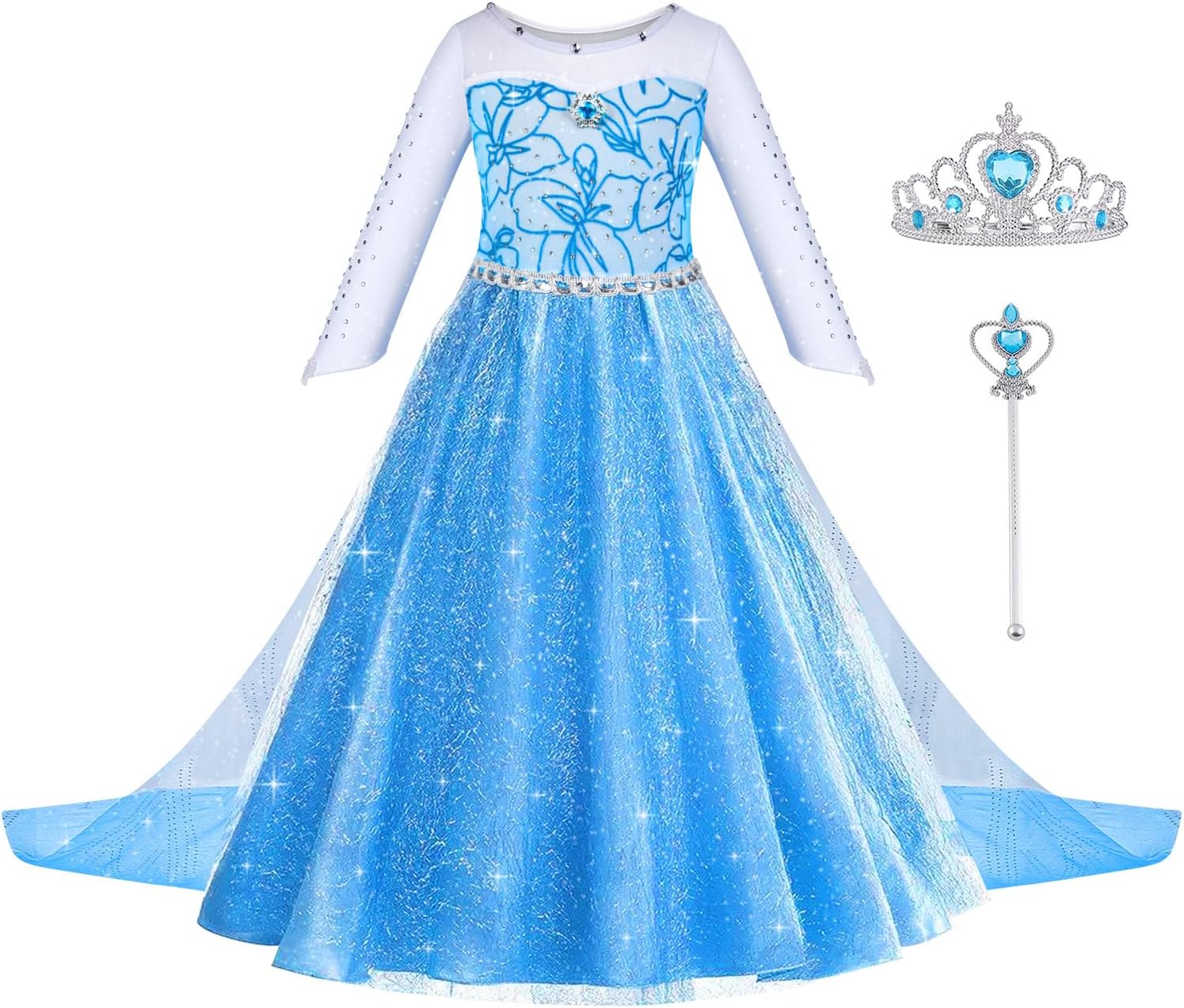 Detalle de ACWOO Robe de Princesse avec Baguette et Couronne – Taille 2 à 10 ans