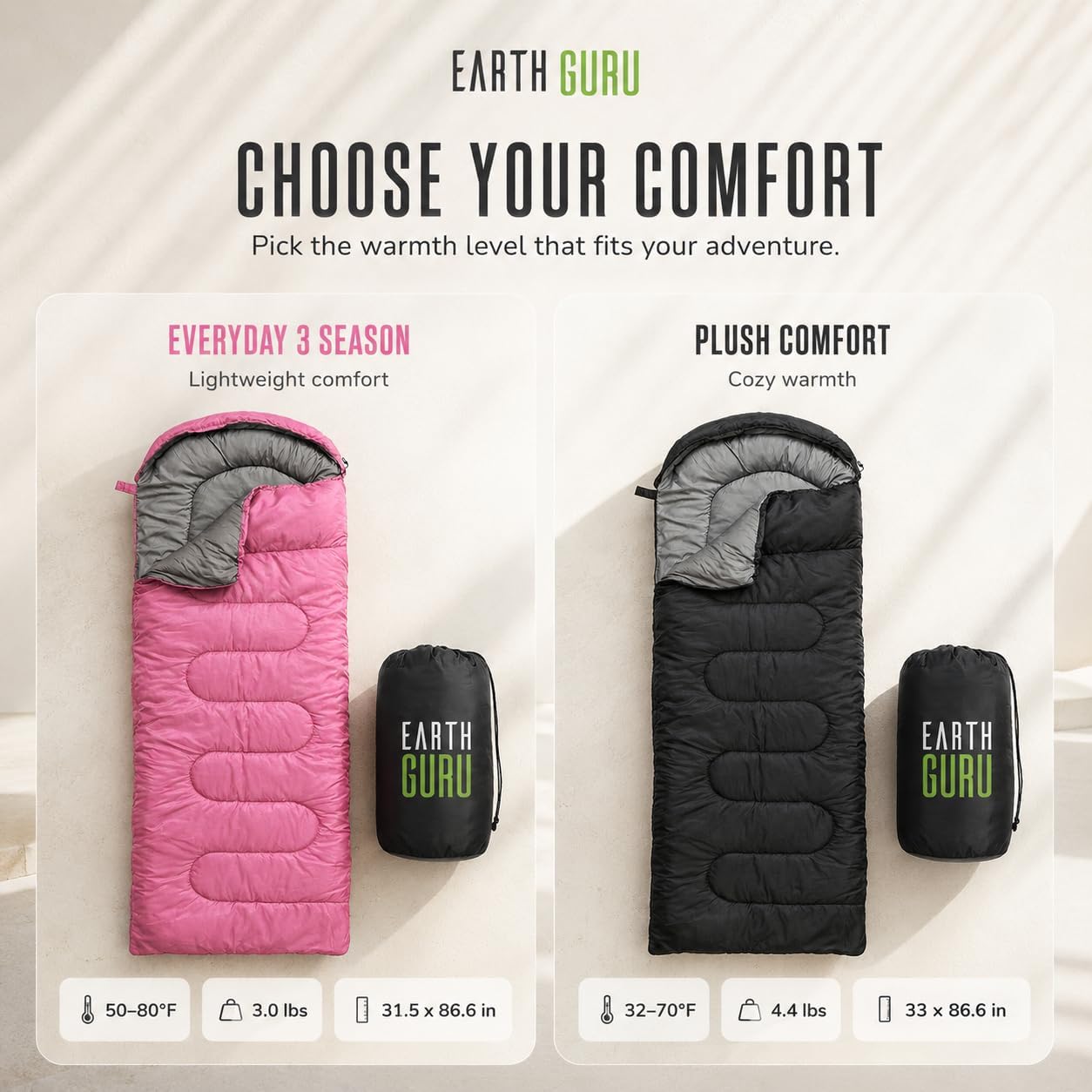 Detalle 2 de Earth Guru Sleeping Bags for Adults & Kids: All-Season Warmth, Lightweight & Packable