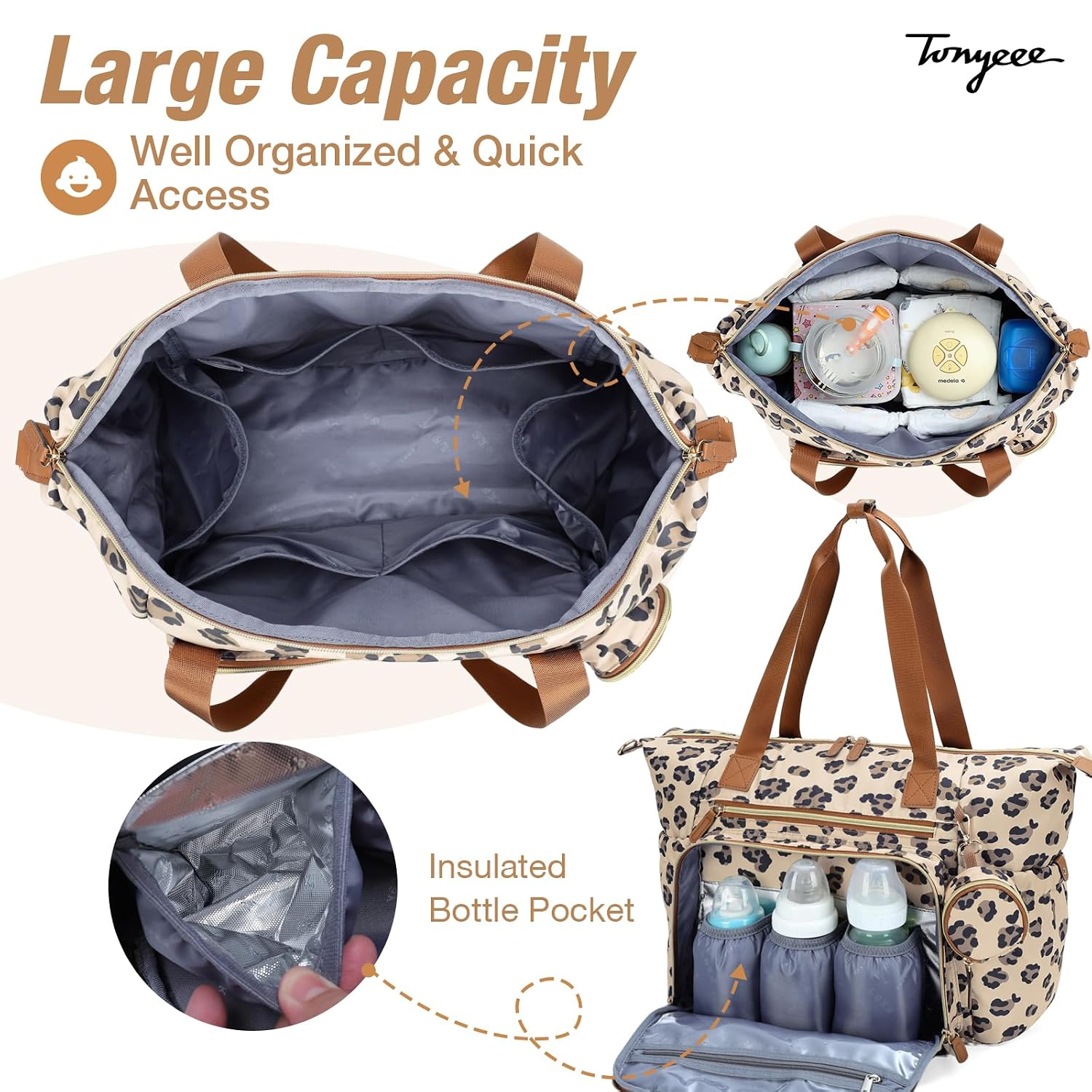Detalle de Tonyeee Wickeltasche mit Schnullertasche, Wickelunterlage und isolierten Fächern – multifunktionaler Wickelrucksack (Leopard)