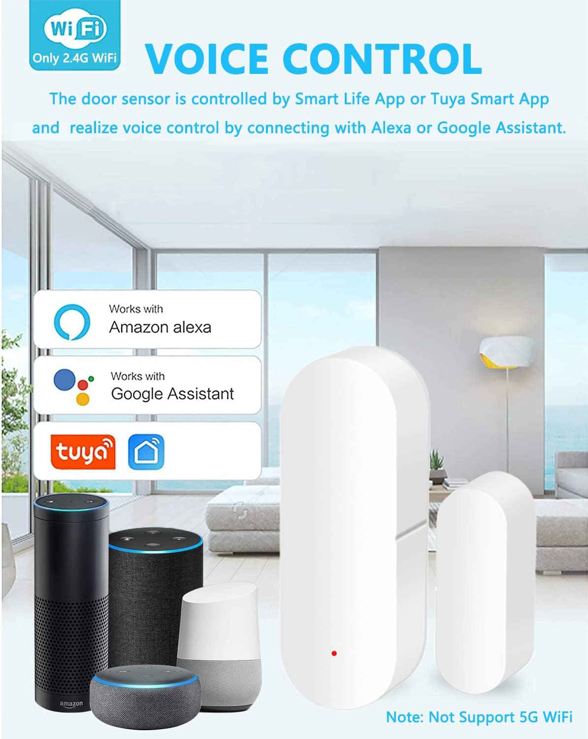 Detalle de Sensore porta WiFi intelligente per finestre e porte, wireless, compatibile Alexa e Google Assistant (1 Pack)