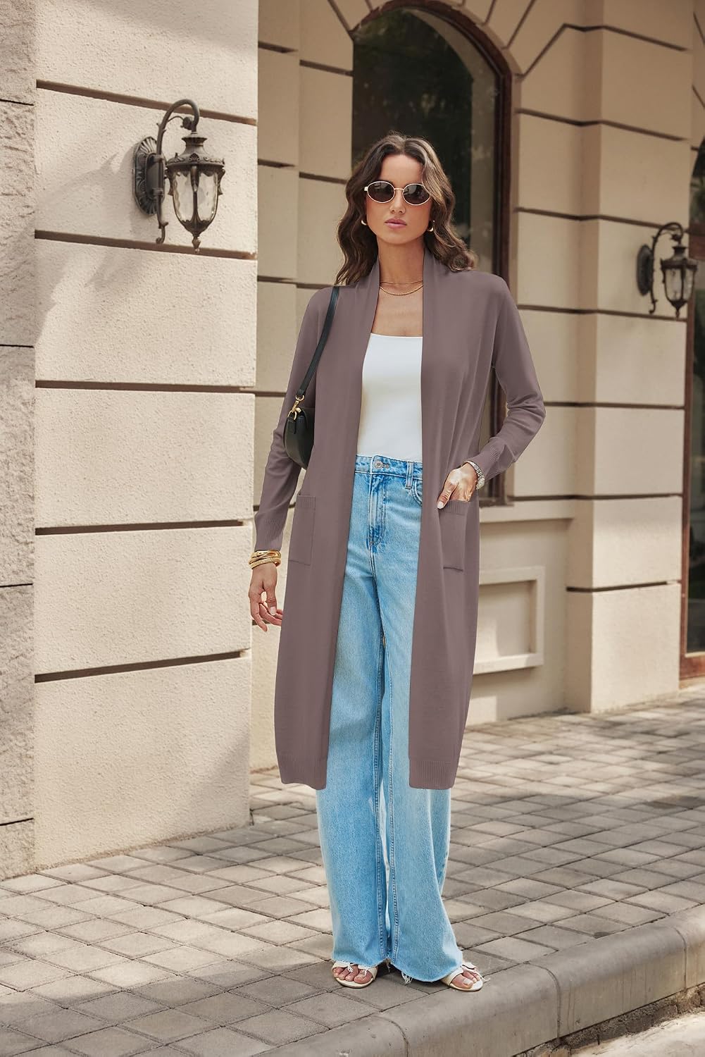 Detalle de GRACE KARIN Essential Solid Maxi Long Knitted Cardigan, Open Front for Women