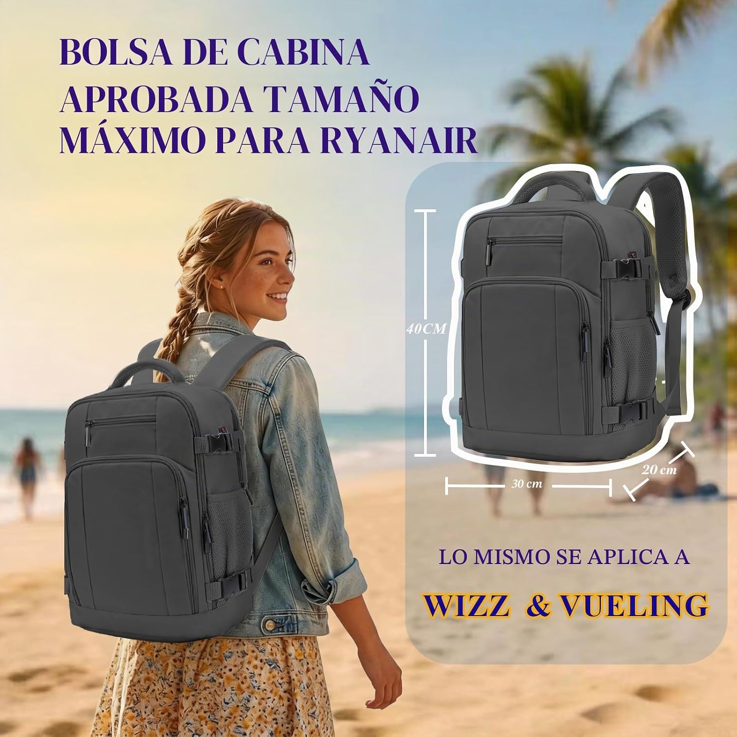Thumbnail 1 de ZHXX Mochila cabina 40x30x20 Gris