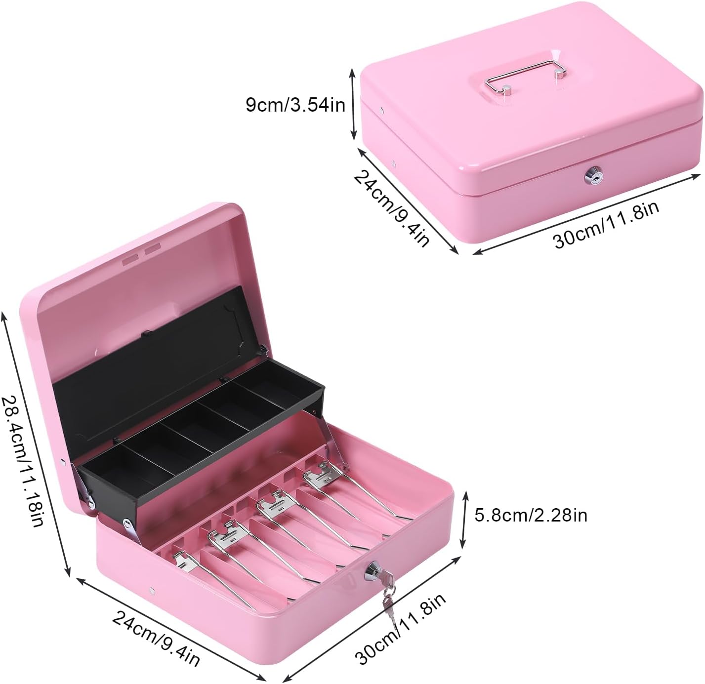 Detalle 2 de HAITRAL abschließbare Geldkassette aus Metall (rosa) mit Münzfach und 2 Schlüsseln