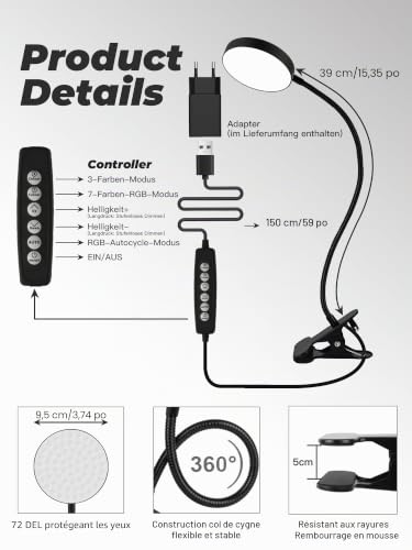 Thumbnail 6 de Lampe de Bureau à Pince ReinHoo 72 LED RGB – 10 teintes + 10 niveaux, USB